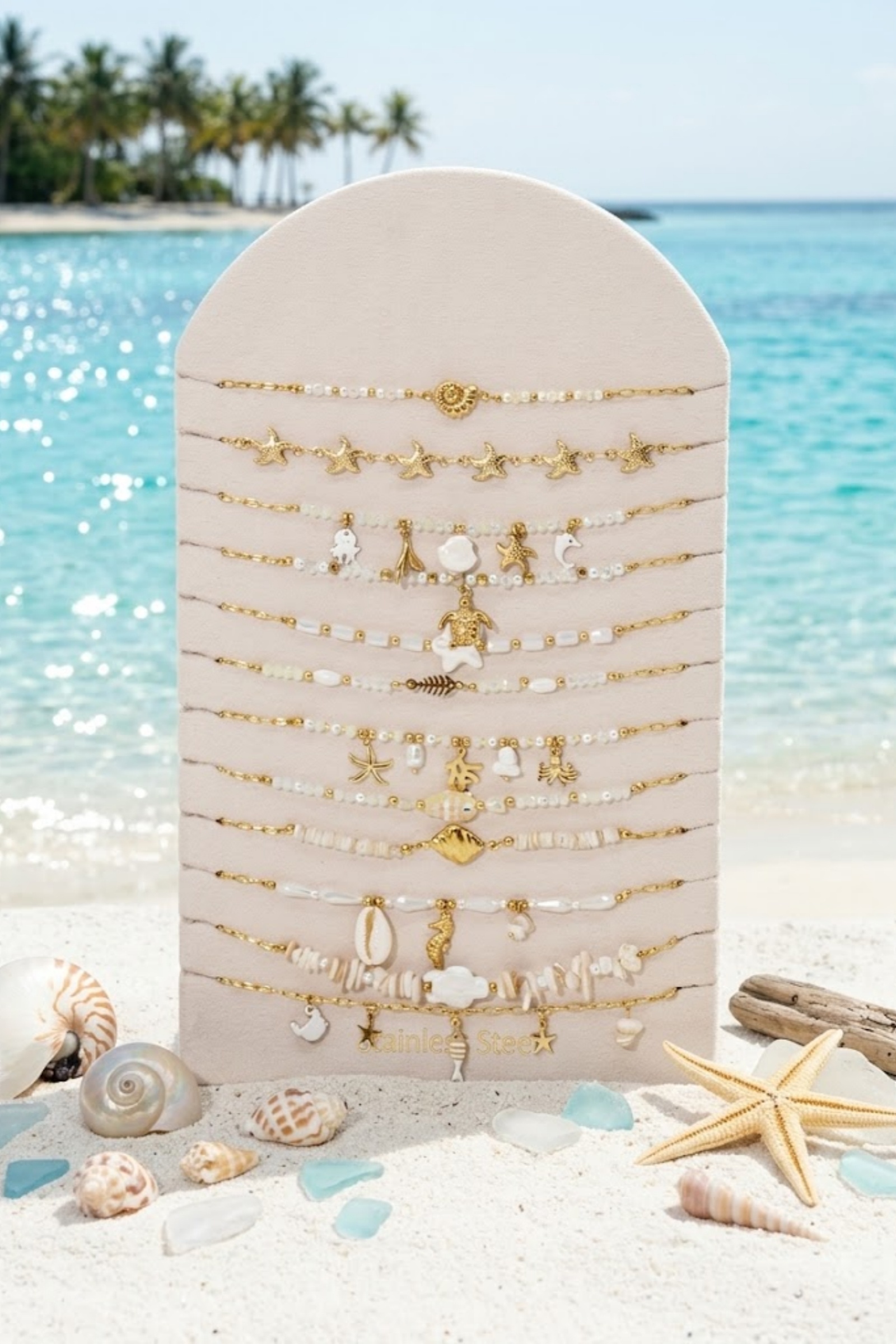 Grossiste Bellissima - Lot de 12 Colliers Marin Coquillage en Acier Inoxydable – Présentoir Offert
