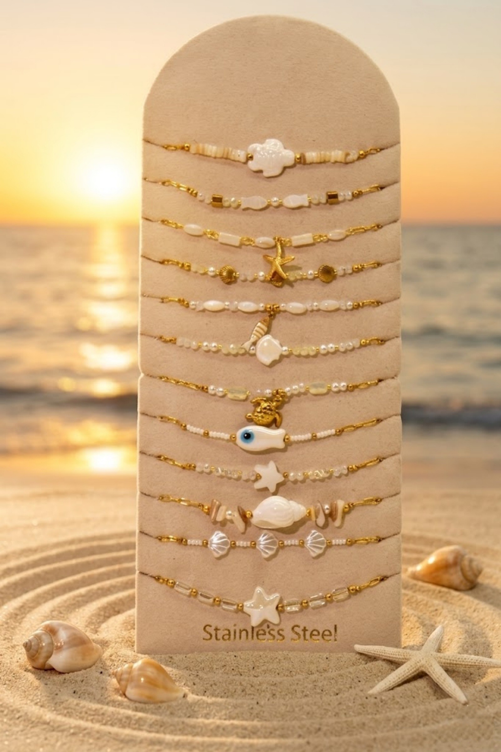 Mayorista Bellissima - Lote de 12 Pulseras Temática Marina de Acero Inoxidable – Modelos Variados + Expositor Gratis