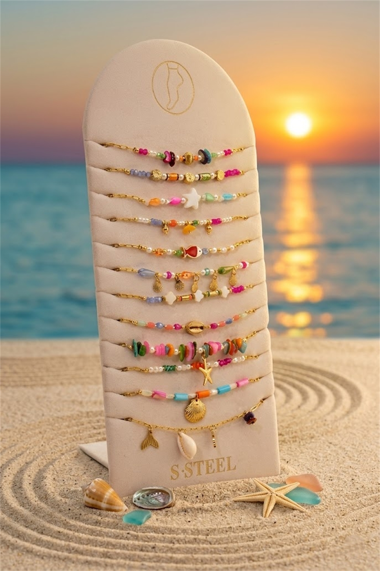 Mayorista Bellissima - Juego de 12 Tobilleras Multicolores de Tema Marino en Acero Inoxidable – Diseños Variados + Expositor Gratis