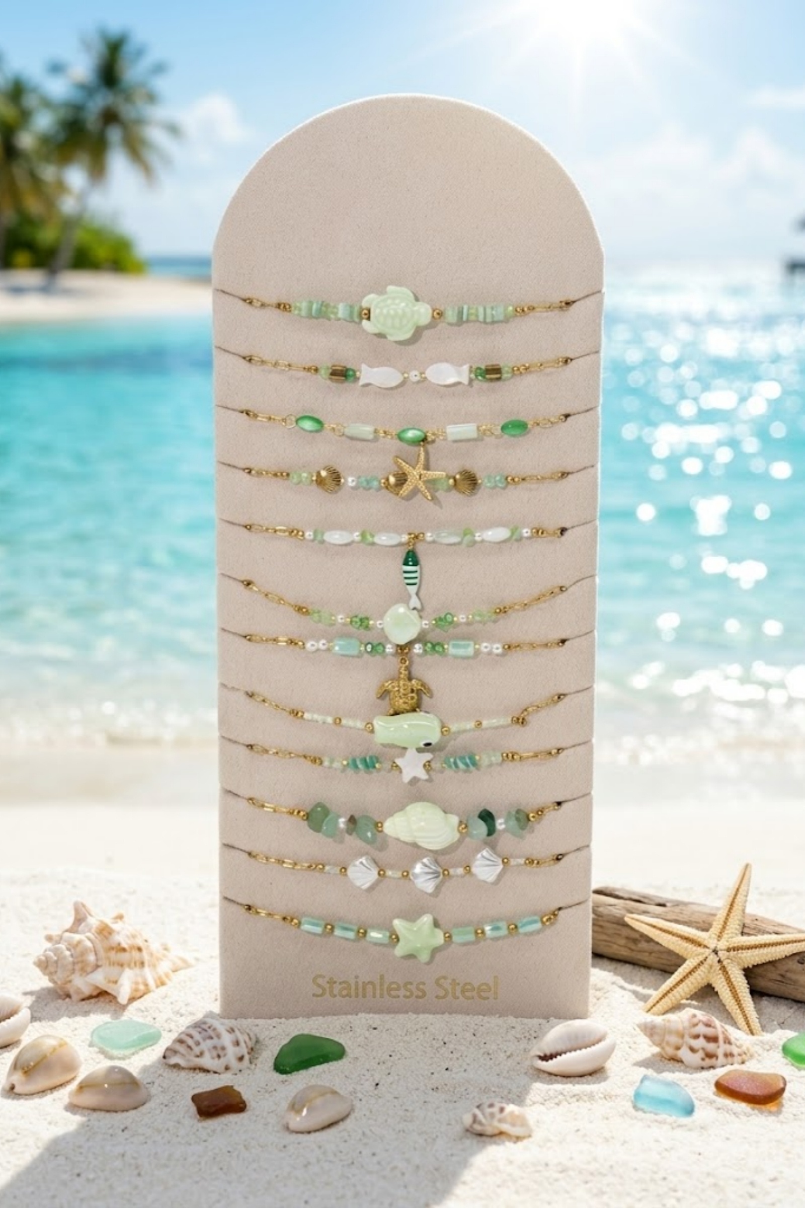 Grossiste Bellissima - Lot de 12 Bracelets Marin Vert d’Eau en Acier Inoxydable – Présentoir Offert