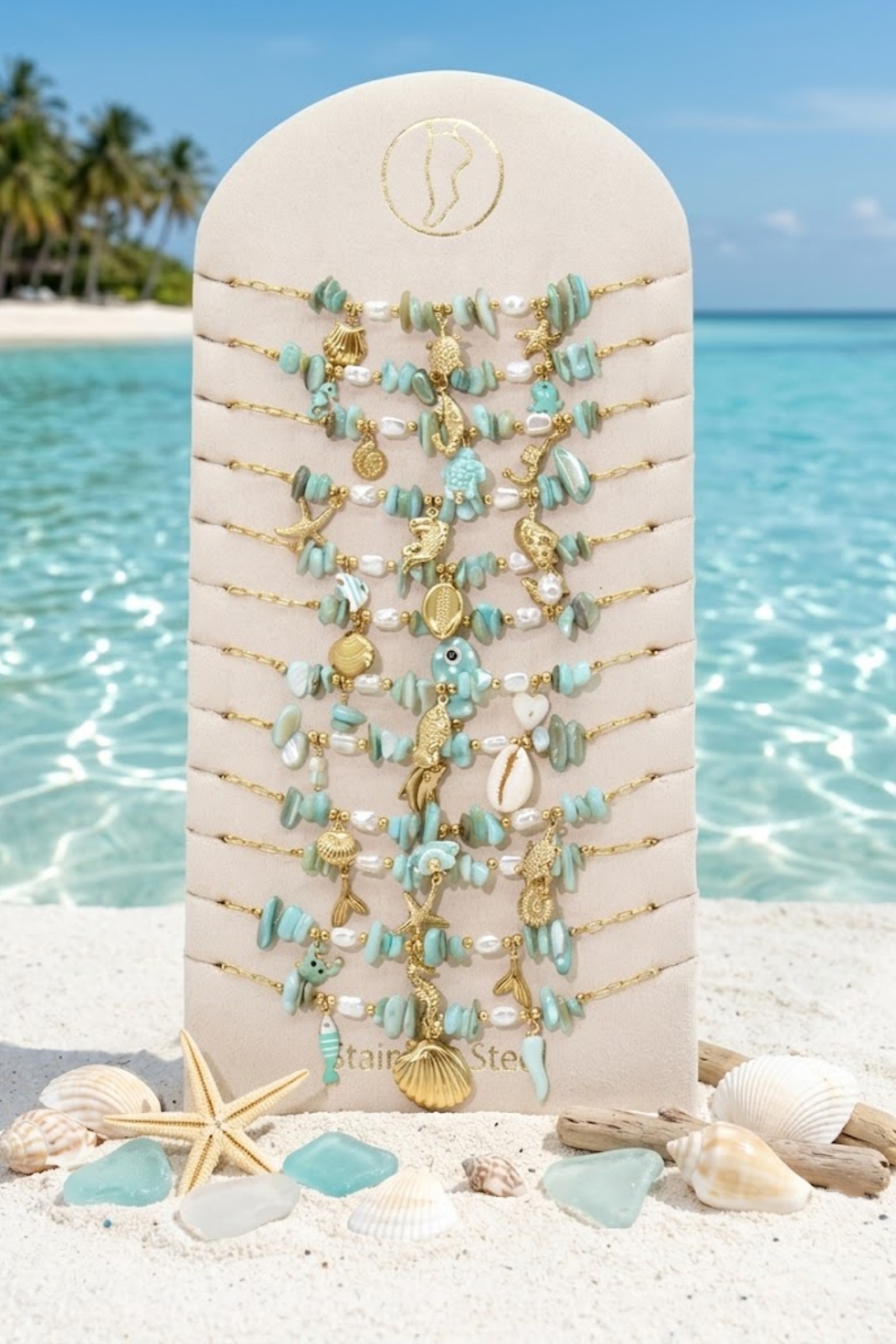 Mayorista Bellissima - Juego de 12 Cadenas de Tobillo Marinas Celadón en Acero Inoxidable – Expositor Incluido