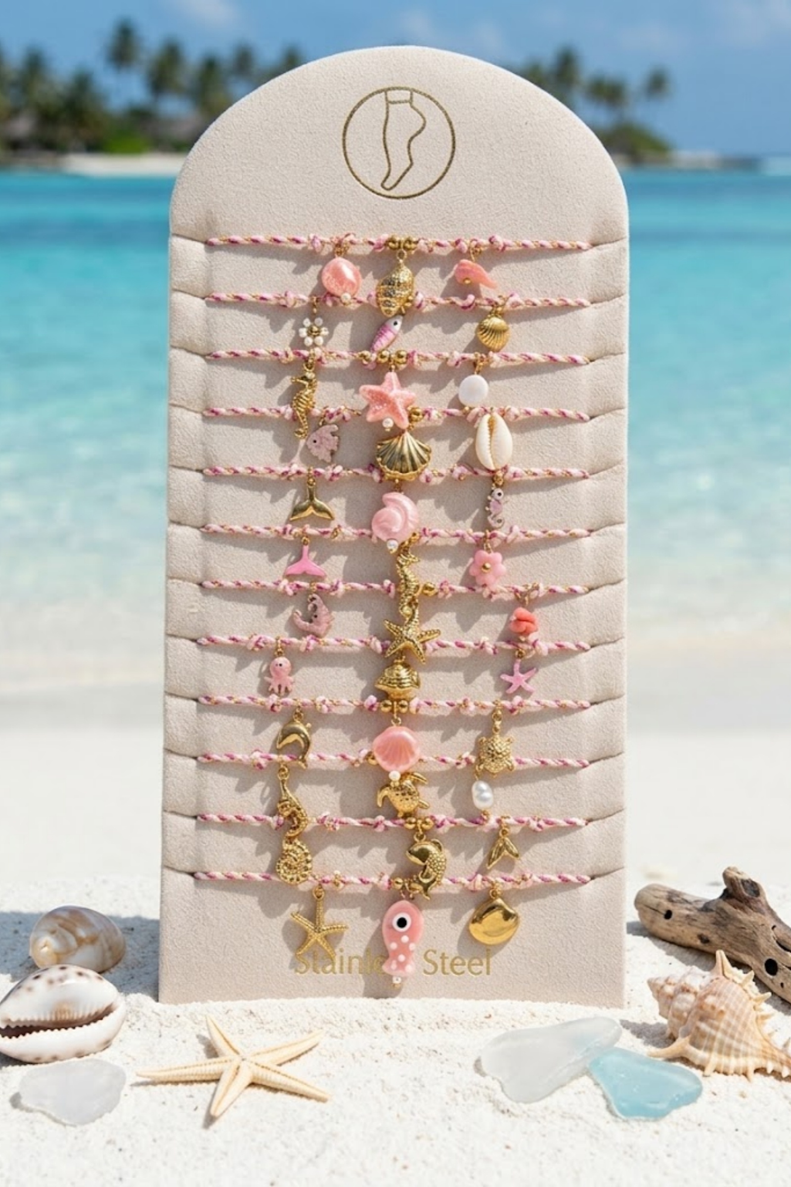 Grossiste Bellissima - Lot de 12 Chaînes de Cheville Marines Rose en Acier Inoxydable – Présentoir Offert