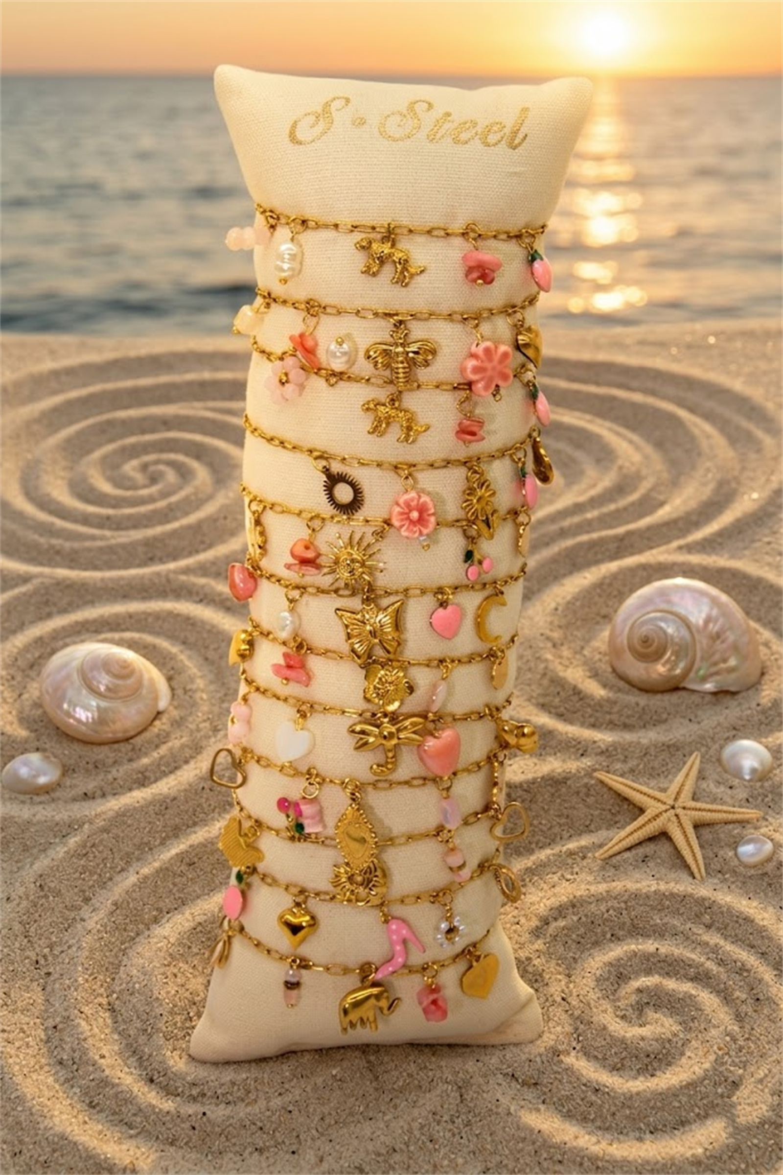 Mayorista Bellissima - Lote de 12 Pulseras Temática Marina Rosa en Acero Inoxidable – Modelos Surtidos + Expositor Gratis