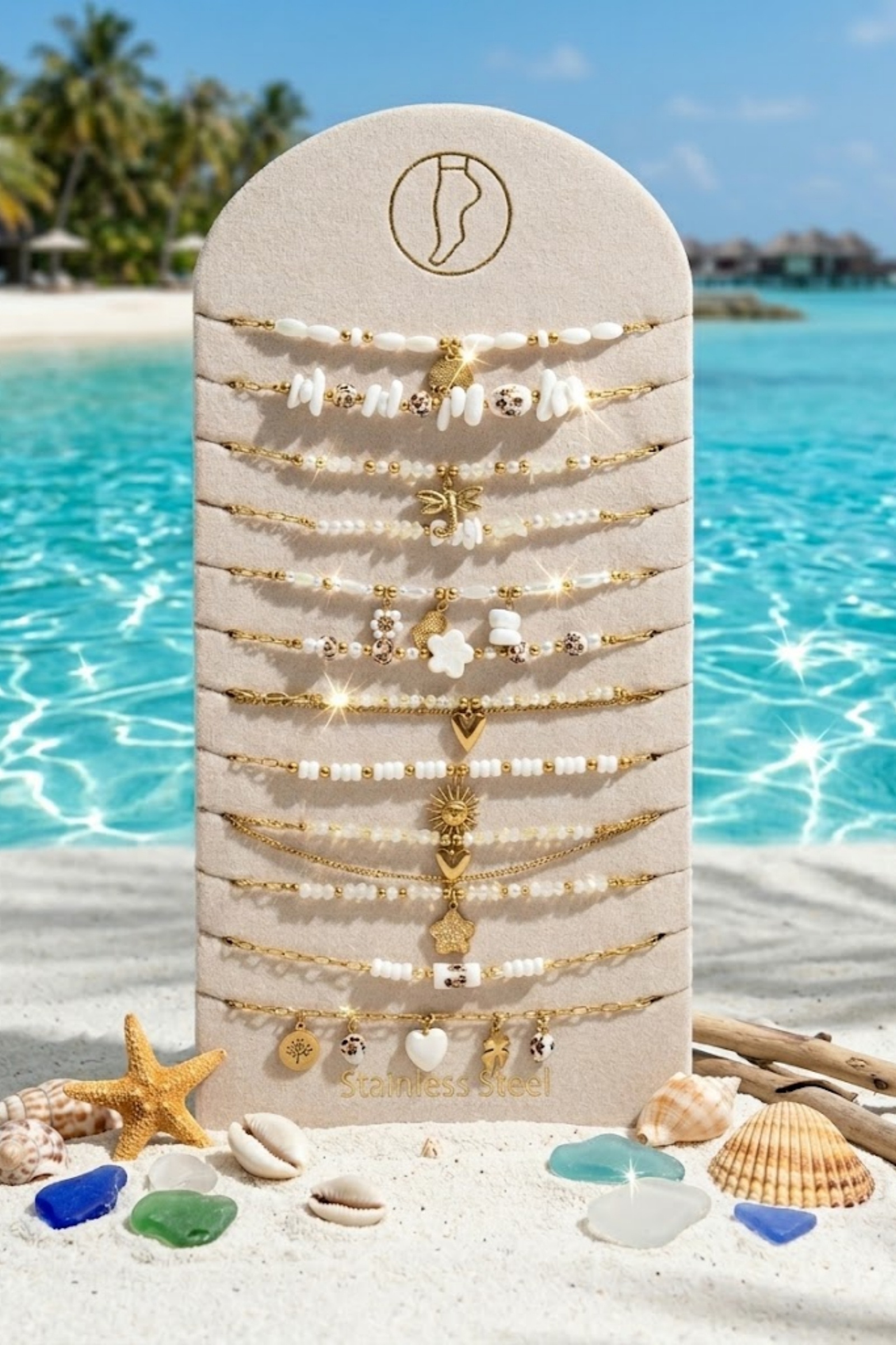 Mayorista Bellissima - Juego de 12 Cadenas de Tobillo de Acero Inoxidable Dorado – Modelos Variados con Expositor Gratis