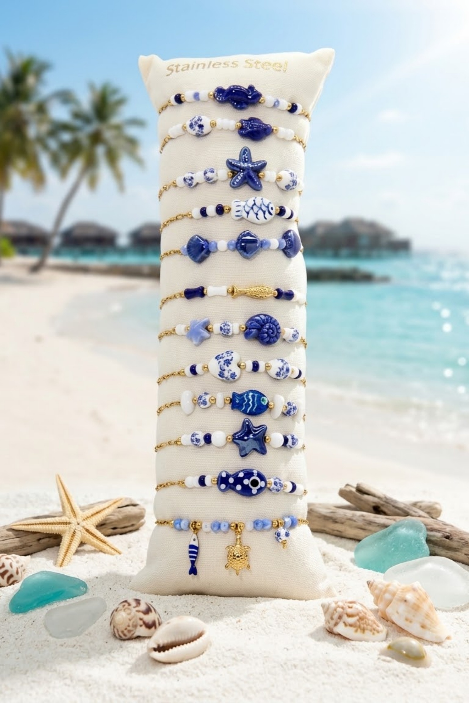 Großhändler Bellissima - Set aus 12 Edelstahl-Marinearmbändern – Präsentationsständer Inklusive