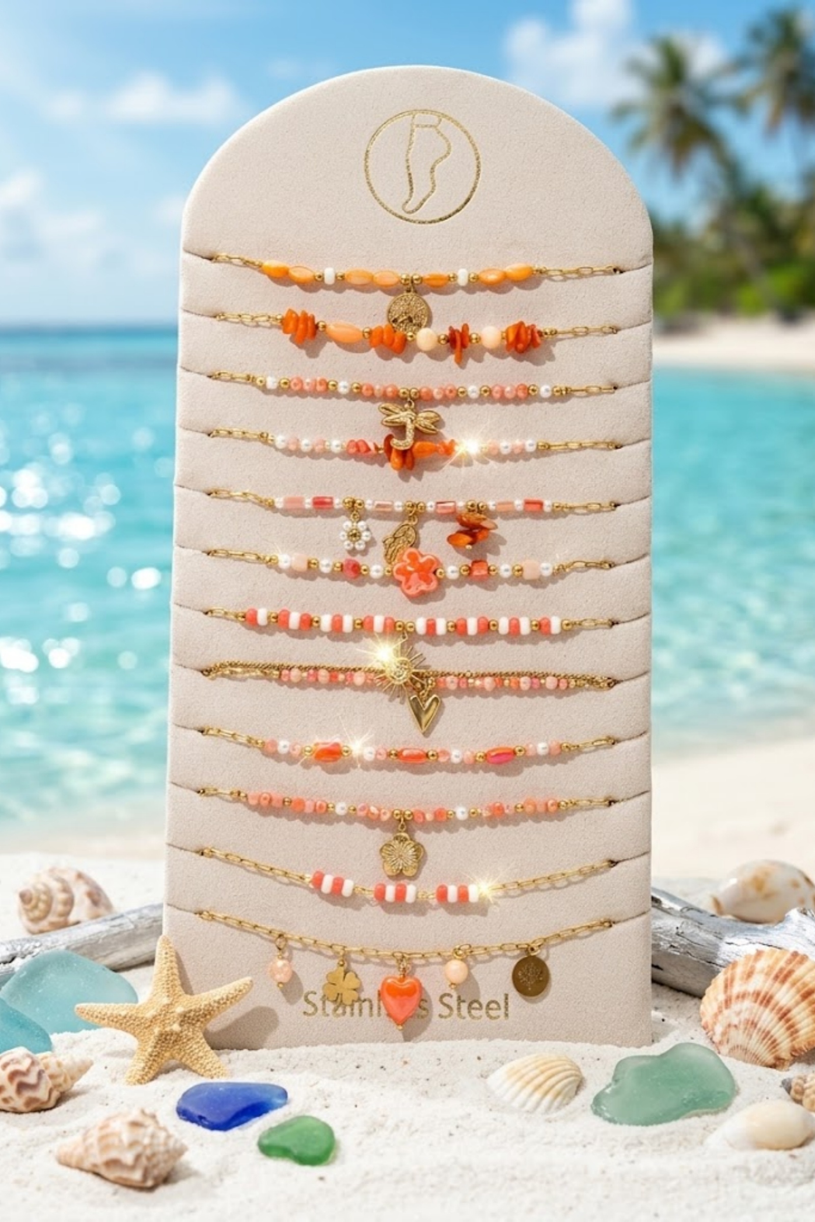 Mayorista Bellissima - Juego de 12 Cadenas Tobilleras de Acero Inoxidable Dorado Naranja – Modelos Variados con Expositor Gratis