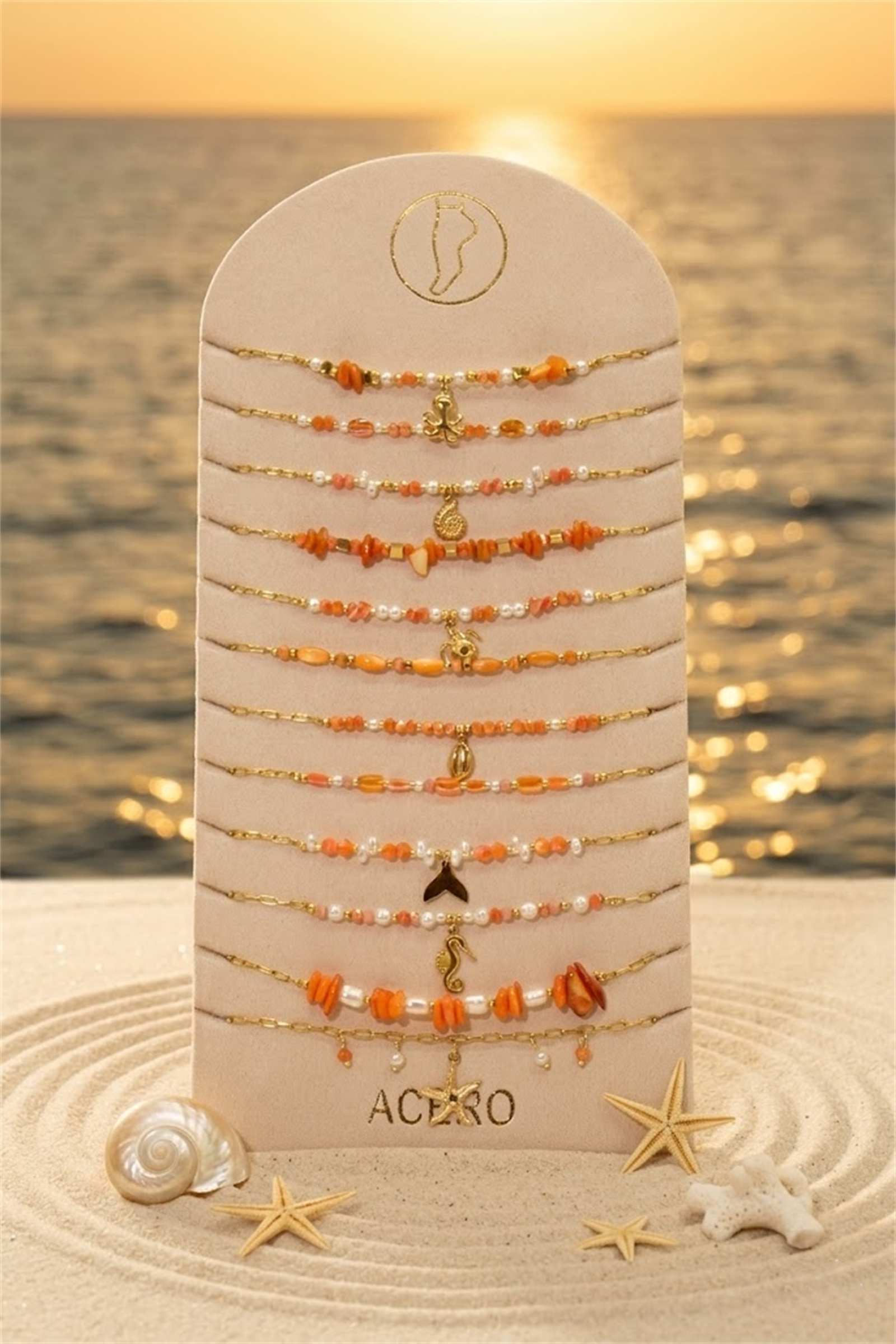 Mayorista Bellissima - Lote de 12 Cadenas Tobilleras Temática Marina Naranja Acero Inoxidable – Modelos Surtidos + Expositor Gratis
