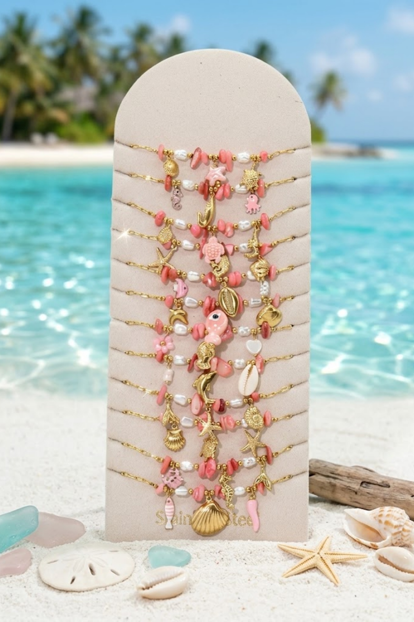 Grossiste Bellissima - Lot de 12 Bracelets Marins Rose Corail en Acier Inoxydable – Présentoir Offert