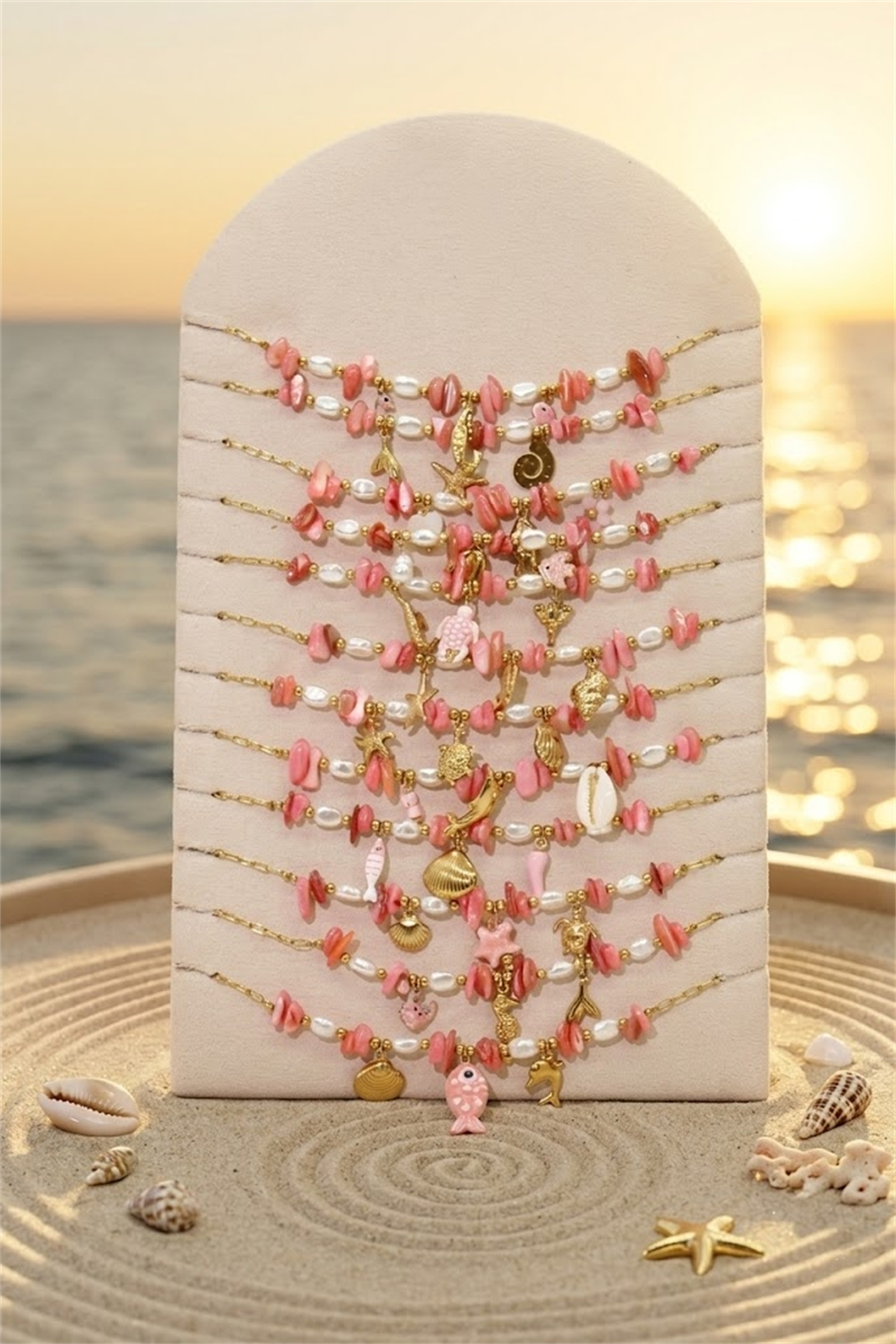 Mayorista Bellissima - Lote de 12 Collares Temática Marina Rosa en Acero Inoxidable – Modelos Variados + Expositor Gratis