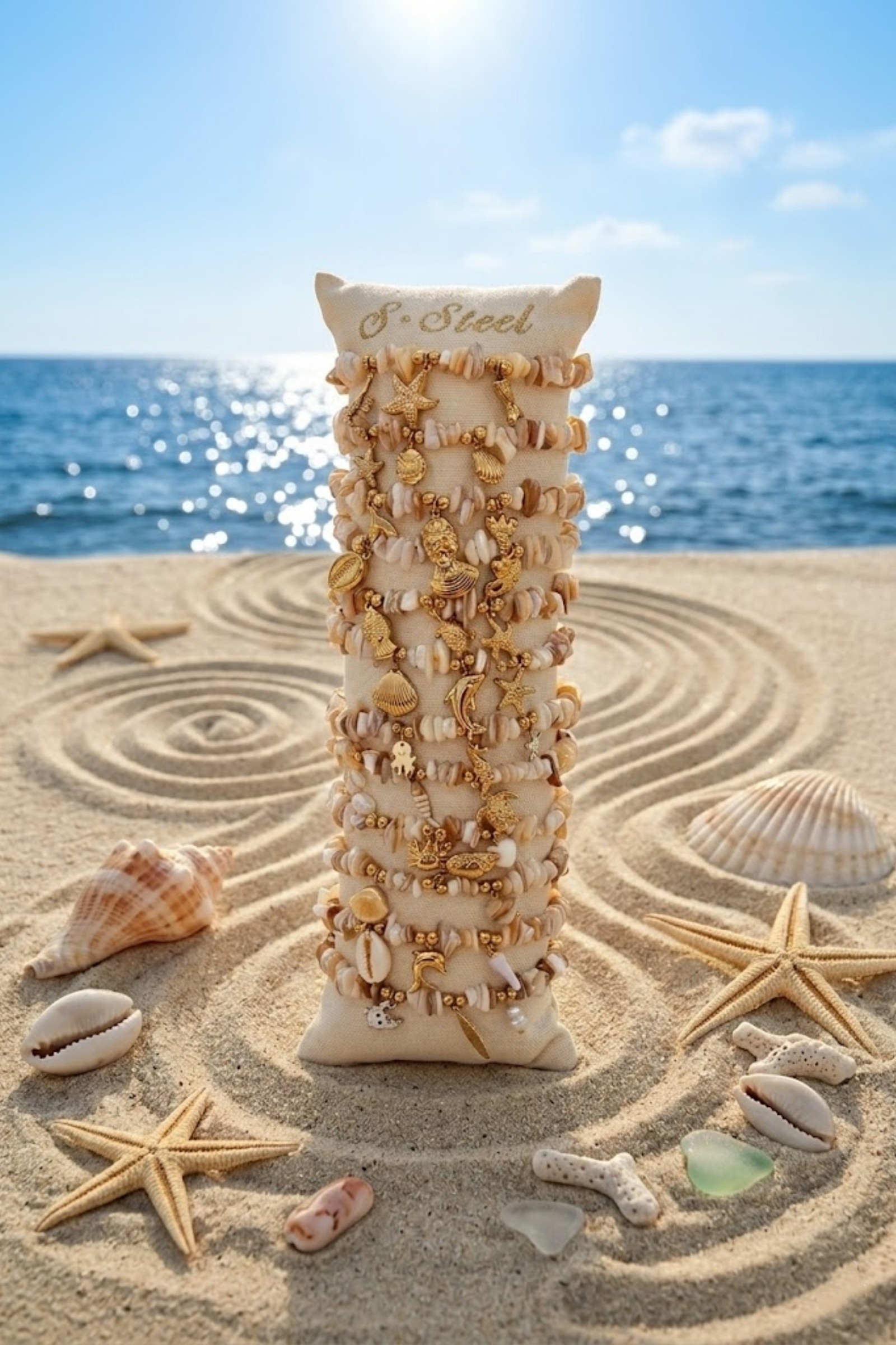 Mayorista Bellissima - Lote de 12 Pulseras de Nácar Tema Marino Marfil en Acero Inoxidable – Modelos Surtidos + Expositor Gratis