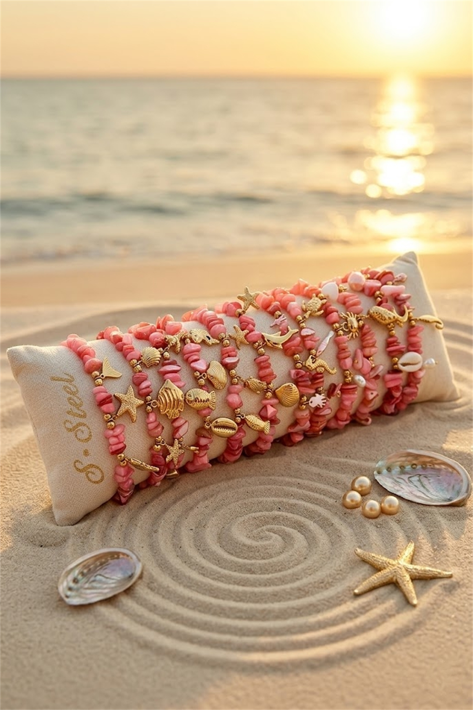Mayorista Bellissima - Juego de 12 Pulseras de Nácar con Tema Marino en Acero Inoxidable Rosa – Modelos Variados + Expositor Gratis