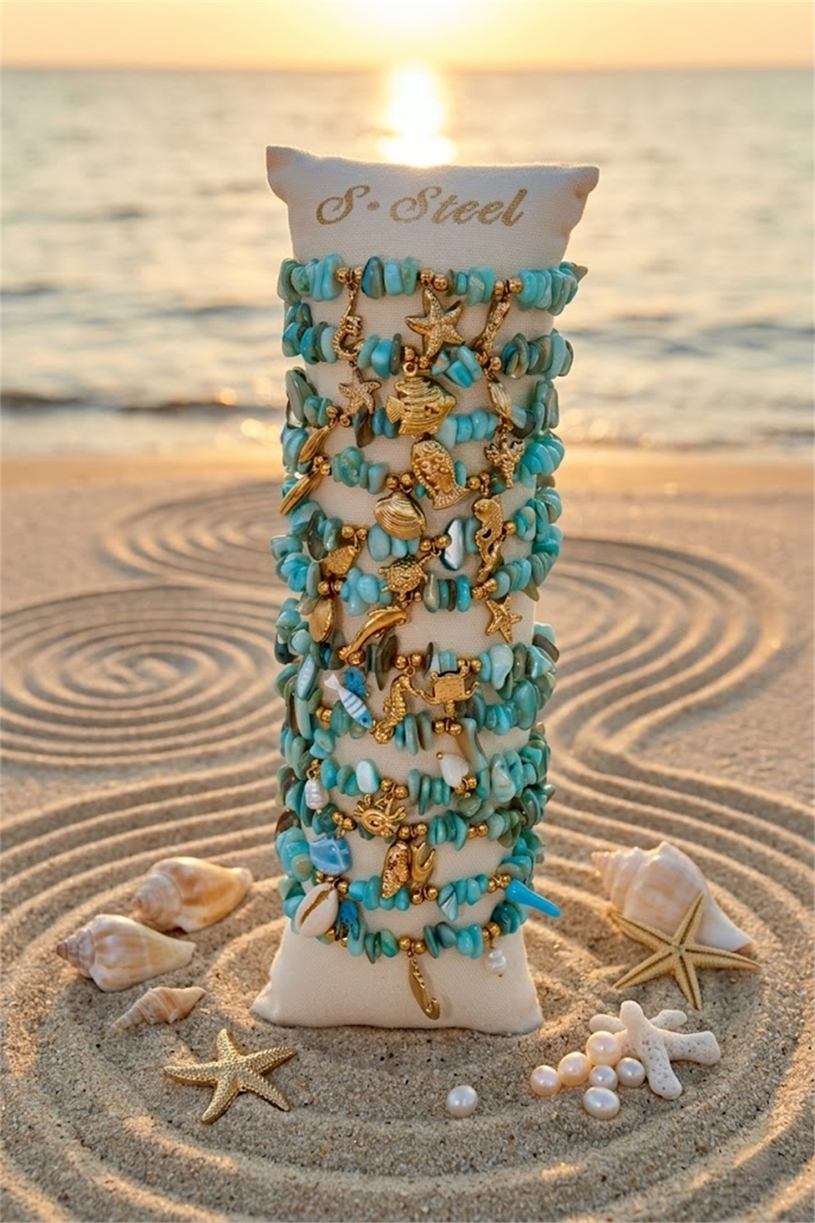 Mayorista Bellissima - Lote de 12 Pulseras de Nácar Tema Marino Turquesa en Acero Inoxidable – Modelos Surtidos + Expositor Gratis