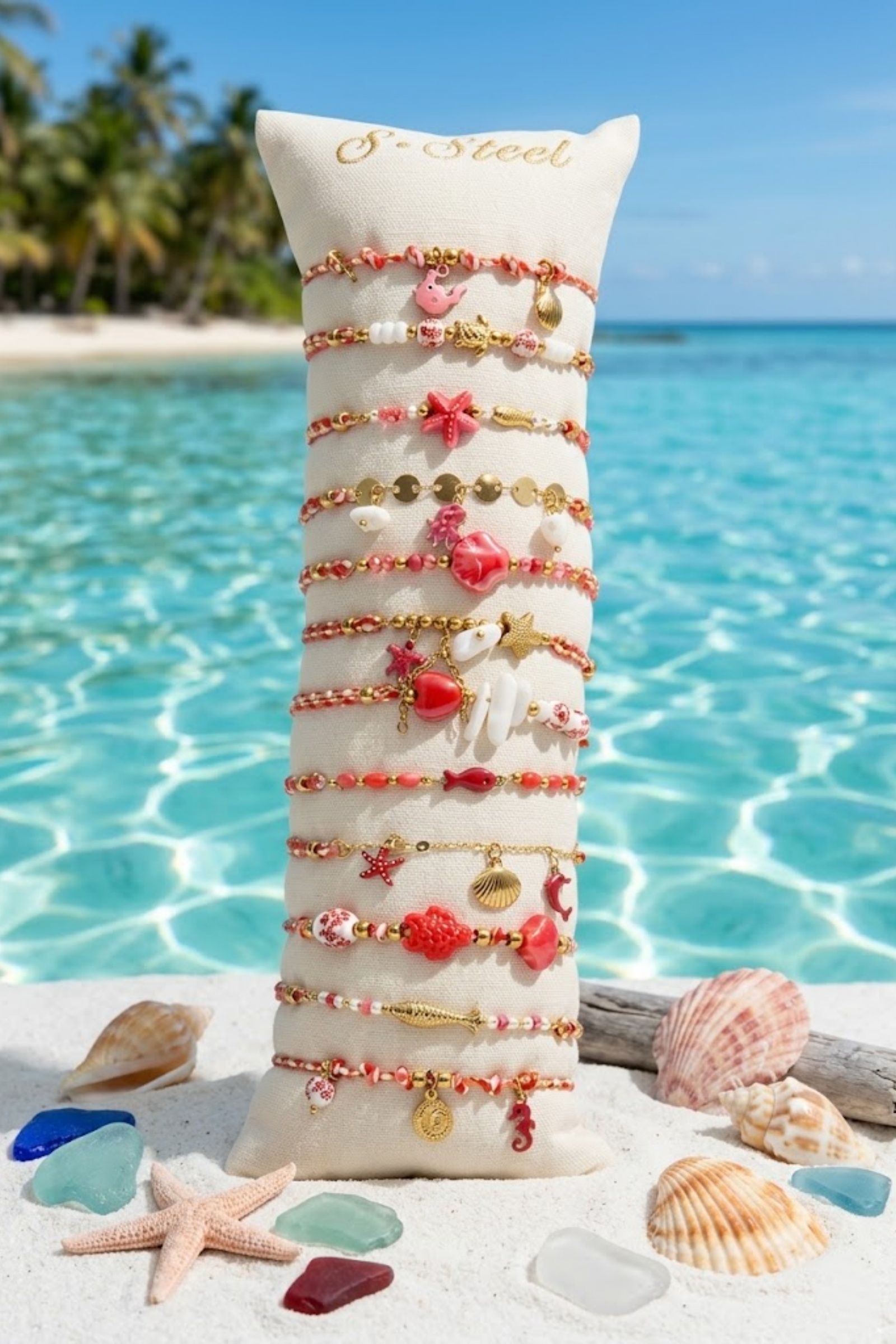 Mayorista Bellissima - Lote de 12 Pulseras Náuticas Rojo Coral – Boho Chic & Expositor Gratis