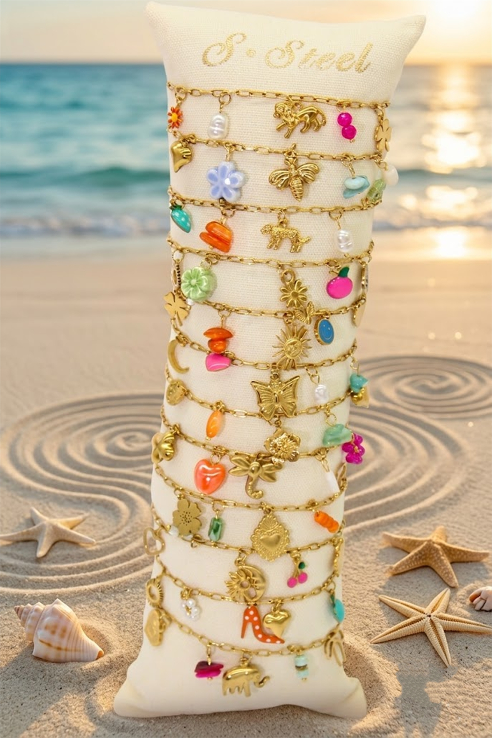 Mayorista Bellissima - Juego de 12 Pulseras Multicolor de Tema Marino en Acero Inoxidable – Modelos Surtidos + Expositor Gratis