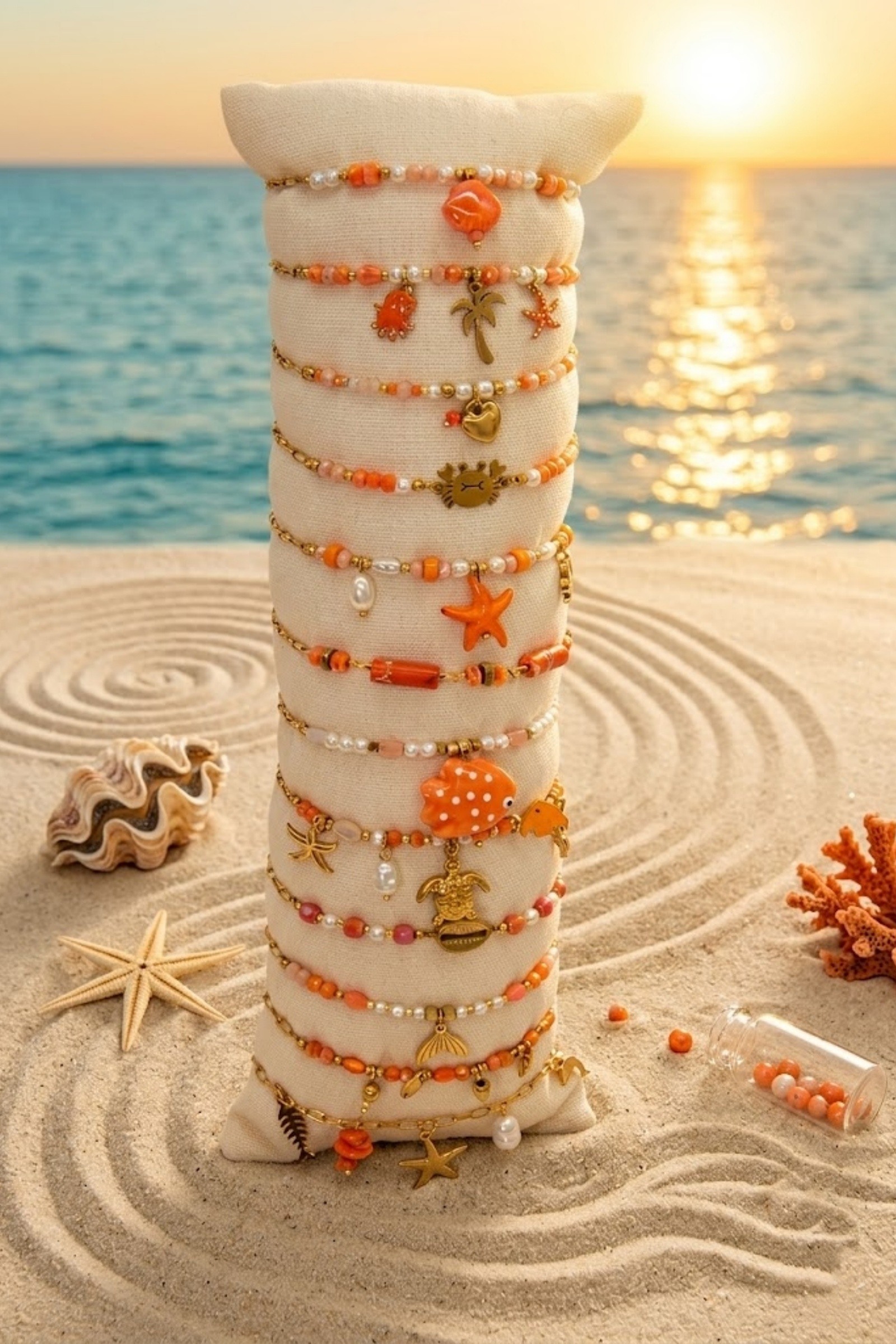 Mayorista Bellissima - Lote de 12 Pulseras Temáticas Marinas Naranjas de Acero Inoxidable – Modelos Surtidos + Expositor Gratis