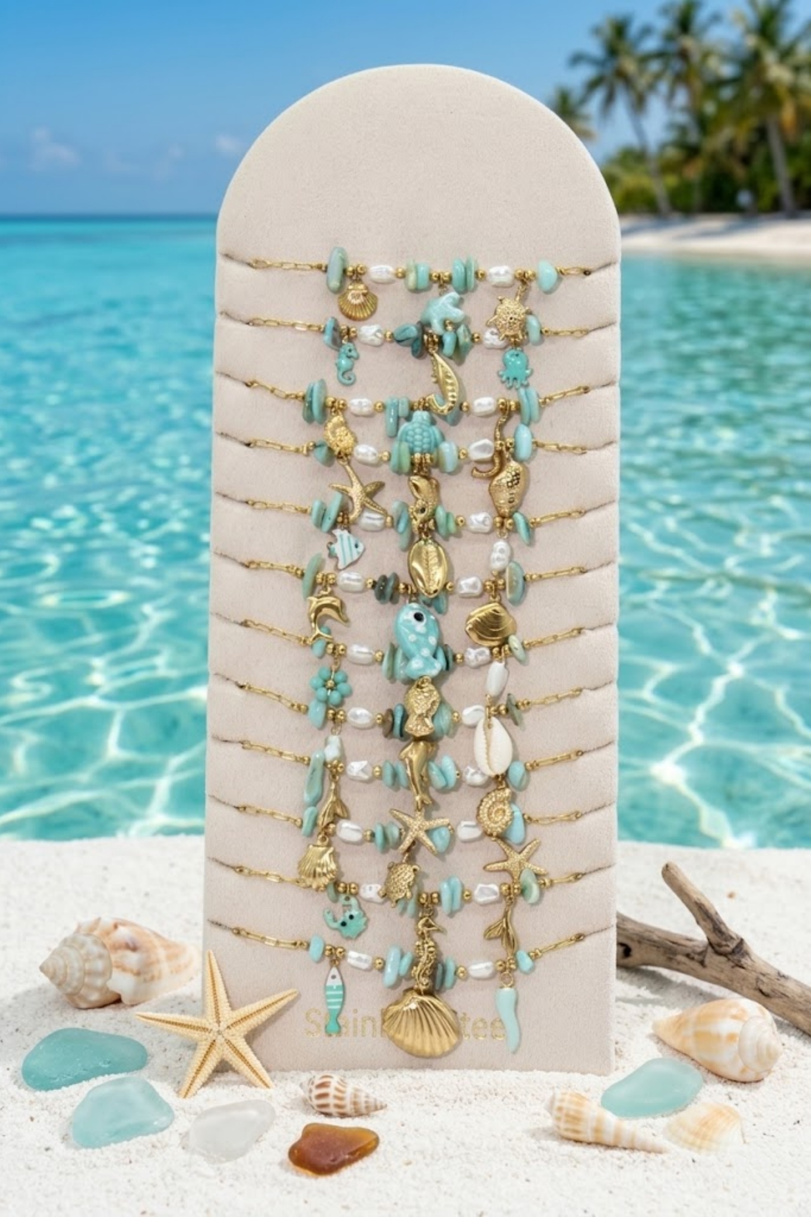 Grossiste Bellissima - Lot de 12 Bracelets Marins Vert Lagon en Acier Inoxydable – Présentoir Offert