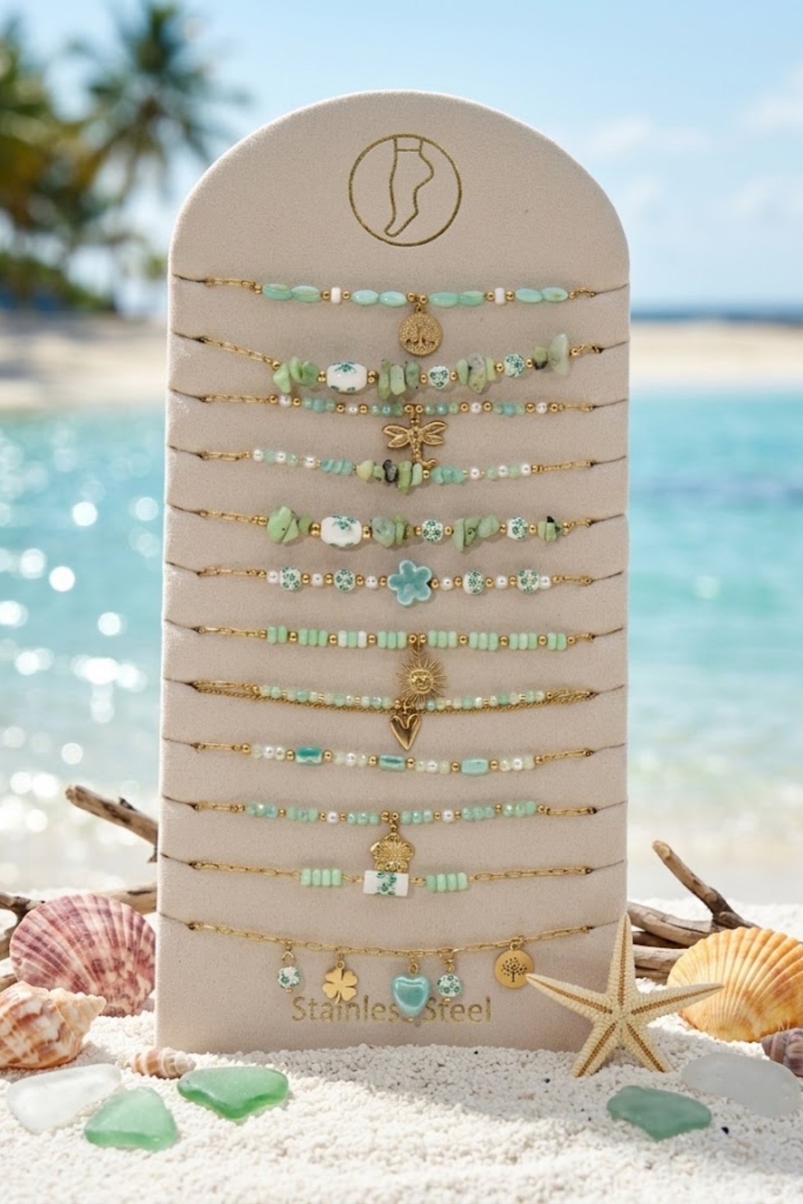 Mayorista Bellissima - Juego de 12 Cadenas de Tobillo de Acero Inoxidable Dorado Verde – Modelos Surtidos con Soporte de Exhibición Gratis