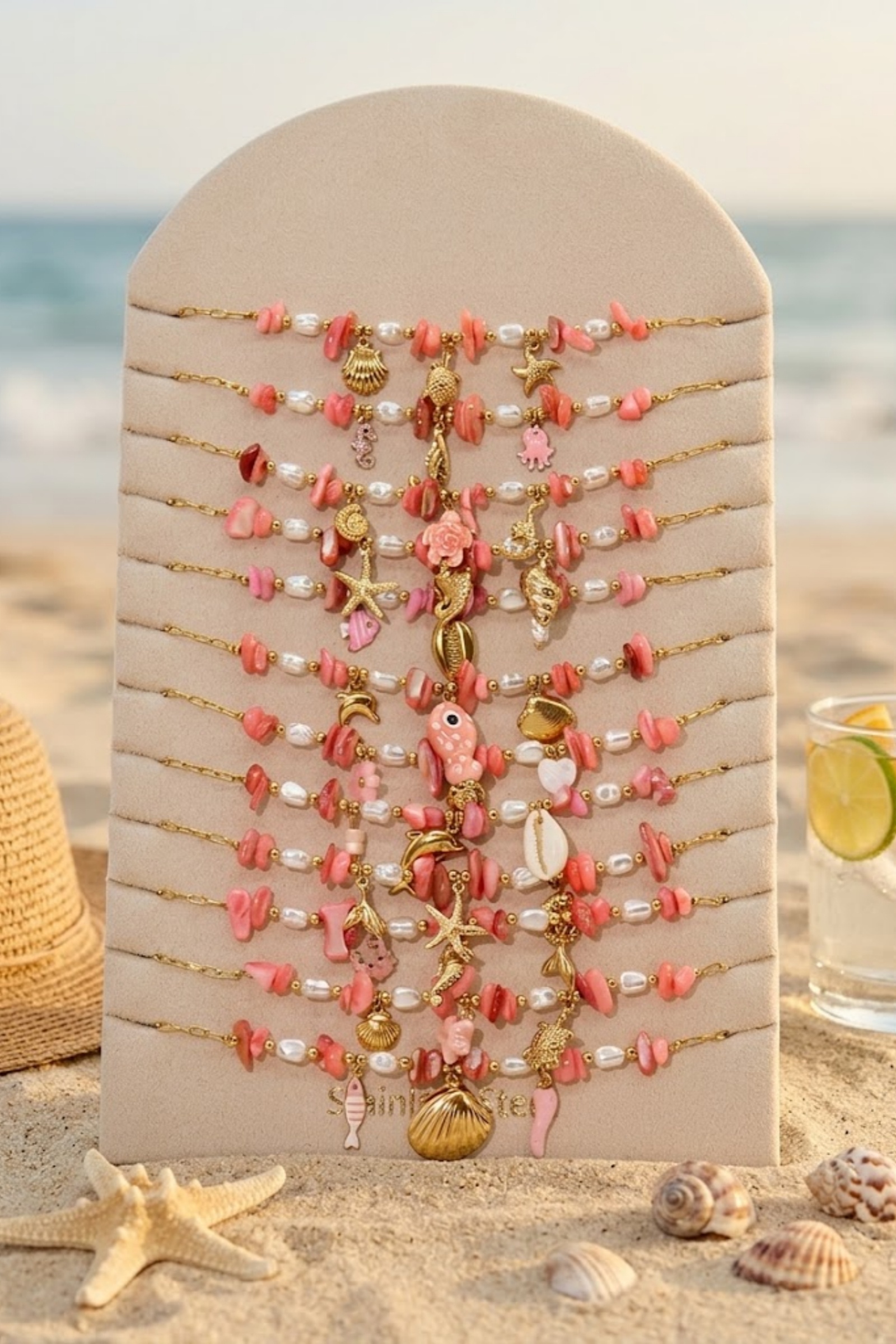 Grossiste Bellissima - Lot de 12 Colliers Marins Rose Corail en Acier Inoxydable – Présentoir Offert