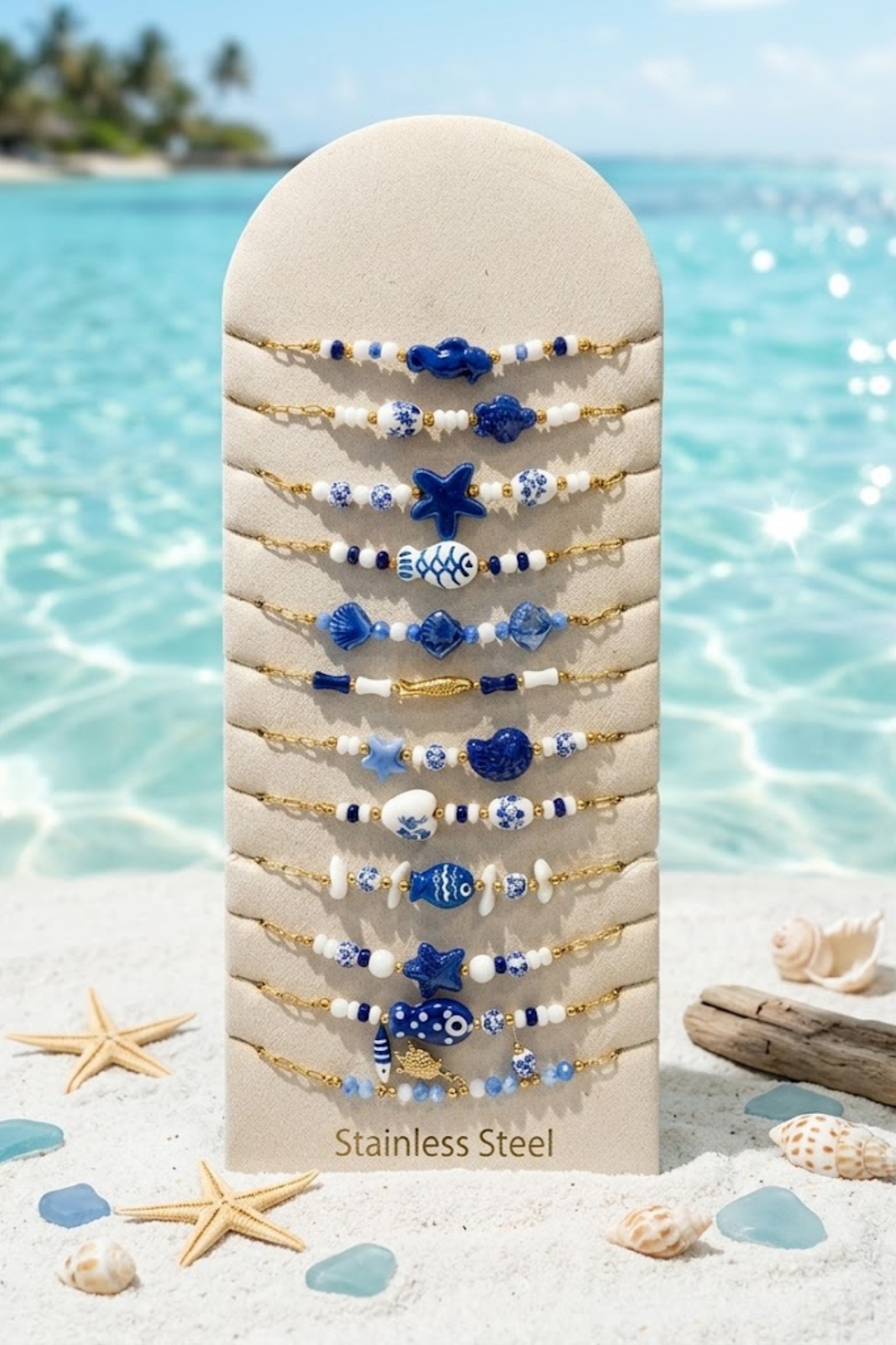 Grossiste Bellissima - Lot de 12 Bracelets Thème Marin en Acier Inoxydable – Présentoir Offert