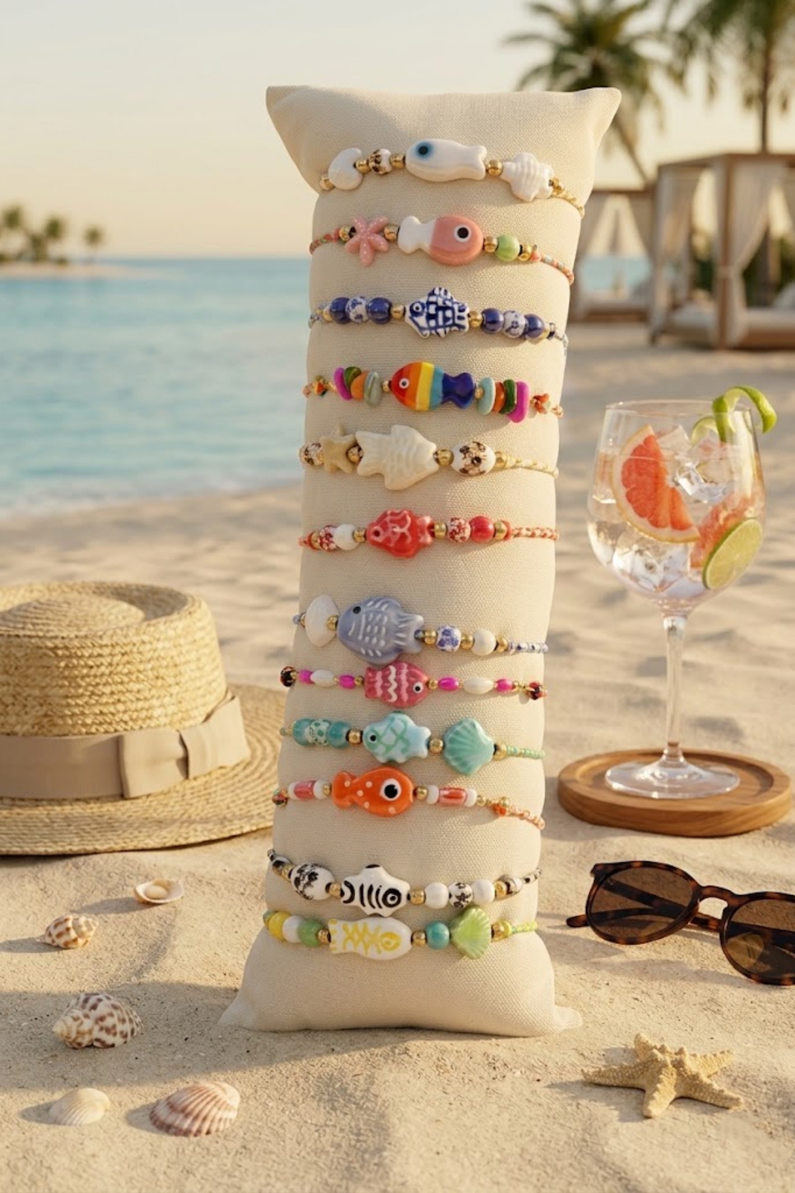 Mayorista Bellissima - Lote de 12 Pulseras Multicolor con Tema de Peces Marinos – Joyería Bohemia de Verano & Expositor Gratis