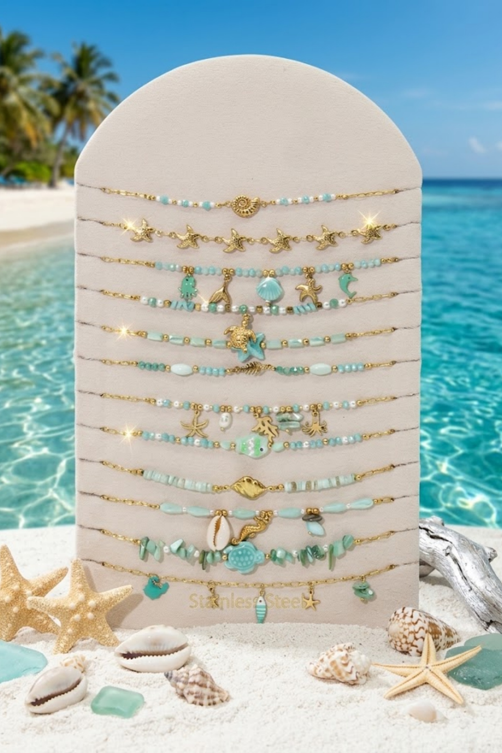 Grossiste Bellissima - Lot de 12 Colliers Marin Vert d’Eau en Acier Inoxydable – Présentoir Offert