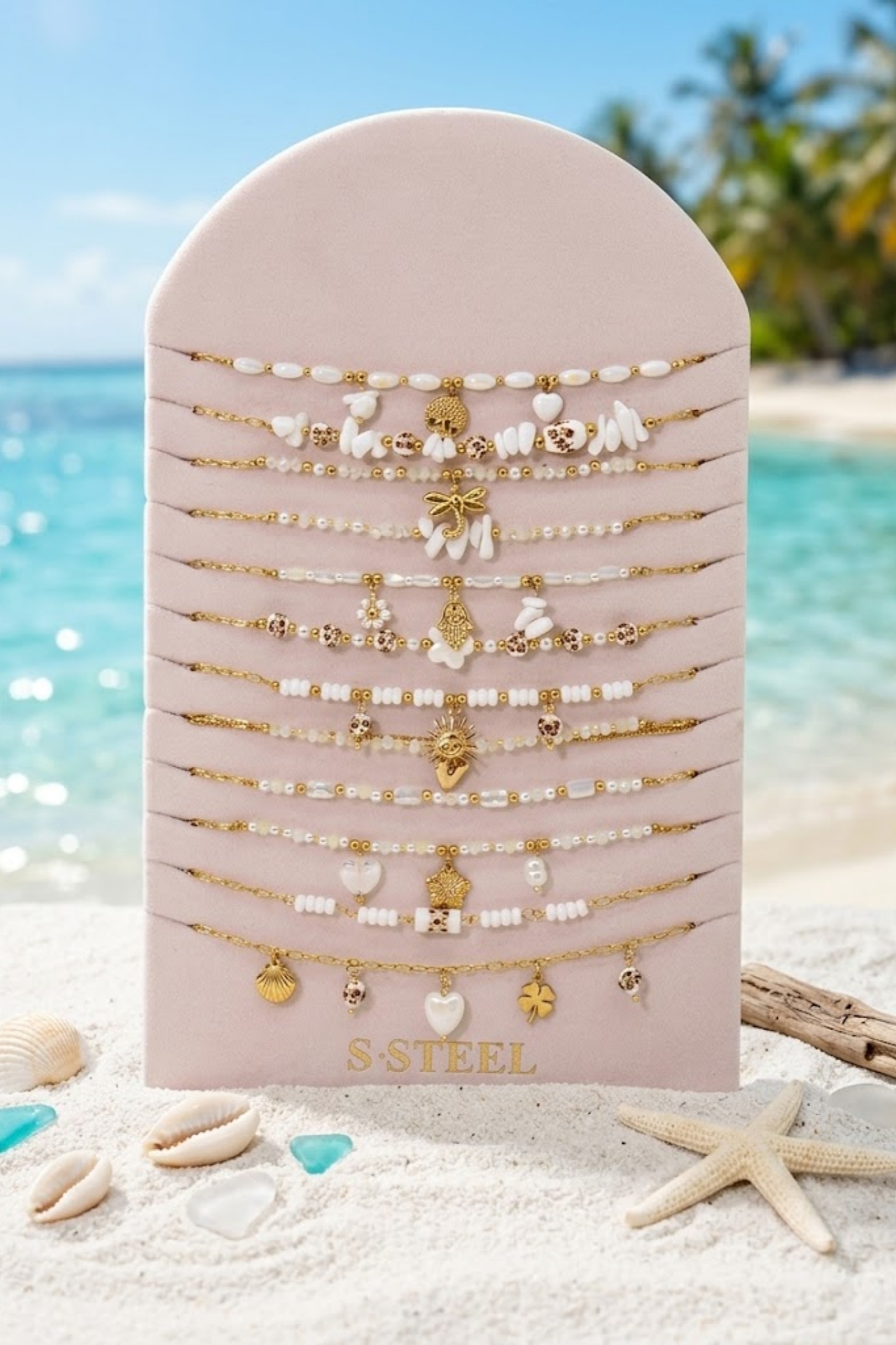 Mayorista Bellissima - Lote de 12 Collares Náuticos de Acero Inoxidable Dorado – Modelos Surtidos con Soporte de Exhibición Gratis