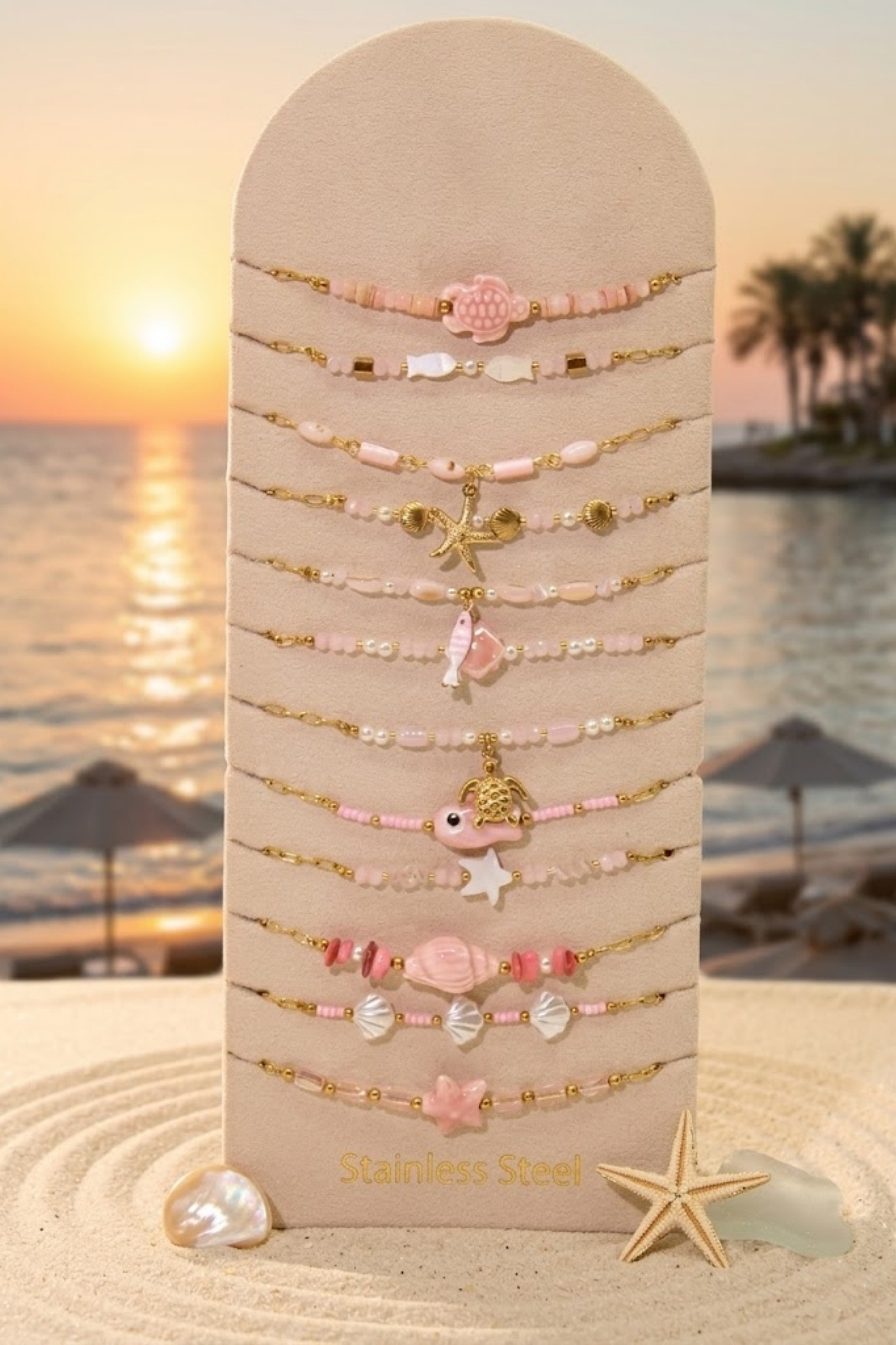 Mayorista Bellissima - Lote de 12 Pulseras Temáticas Marinas de Acero Inoxidable – Modelos Surtidos + Expositor Gratis