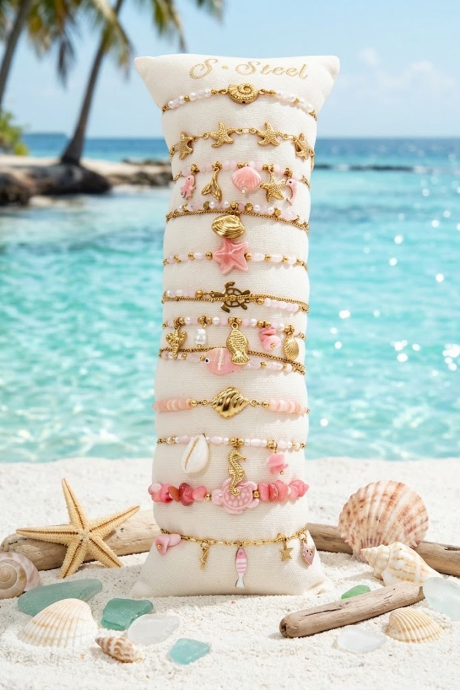 Grossiste Bellissima - Lot de 12 Bracelets Marins Roses Assortis en Acier Inoxydable – Présentoir Offert