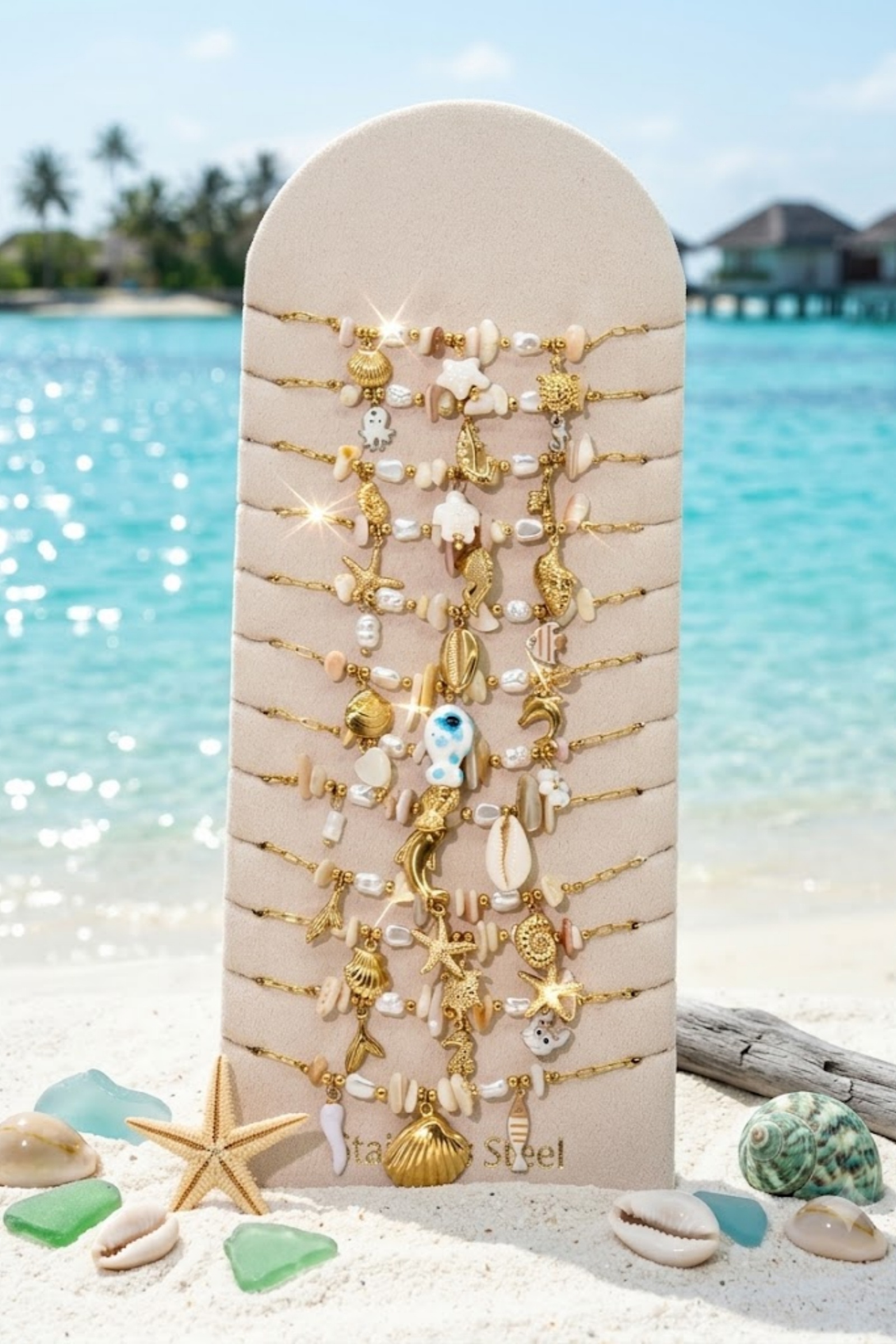 Großhändler Bellissima - Set aus 12 Nautischen Armbändern in Ecru aus Edelstahl – Präsentationsständer Inklusive