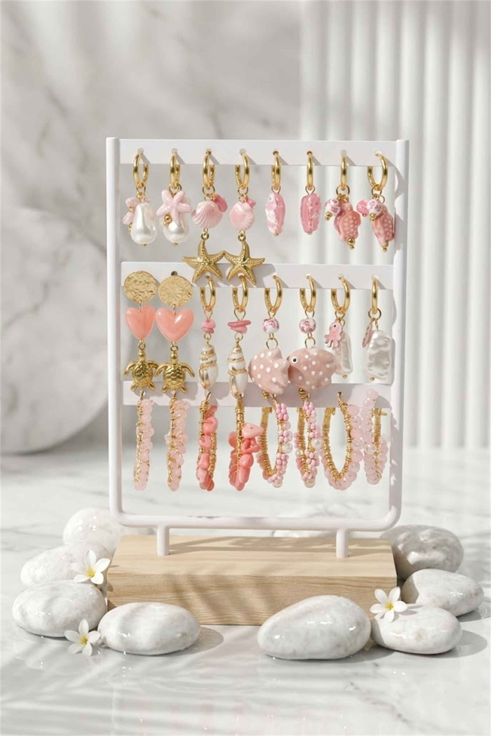 Mayorista Bellissima - Juego de 12 Pendientes Blush Tema Marino Acero Inoxidable – Diseños Variados y Soporte de Exhibición Gratis
