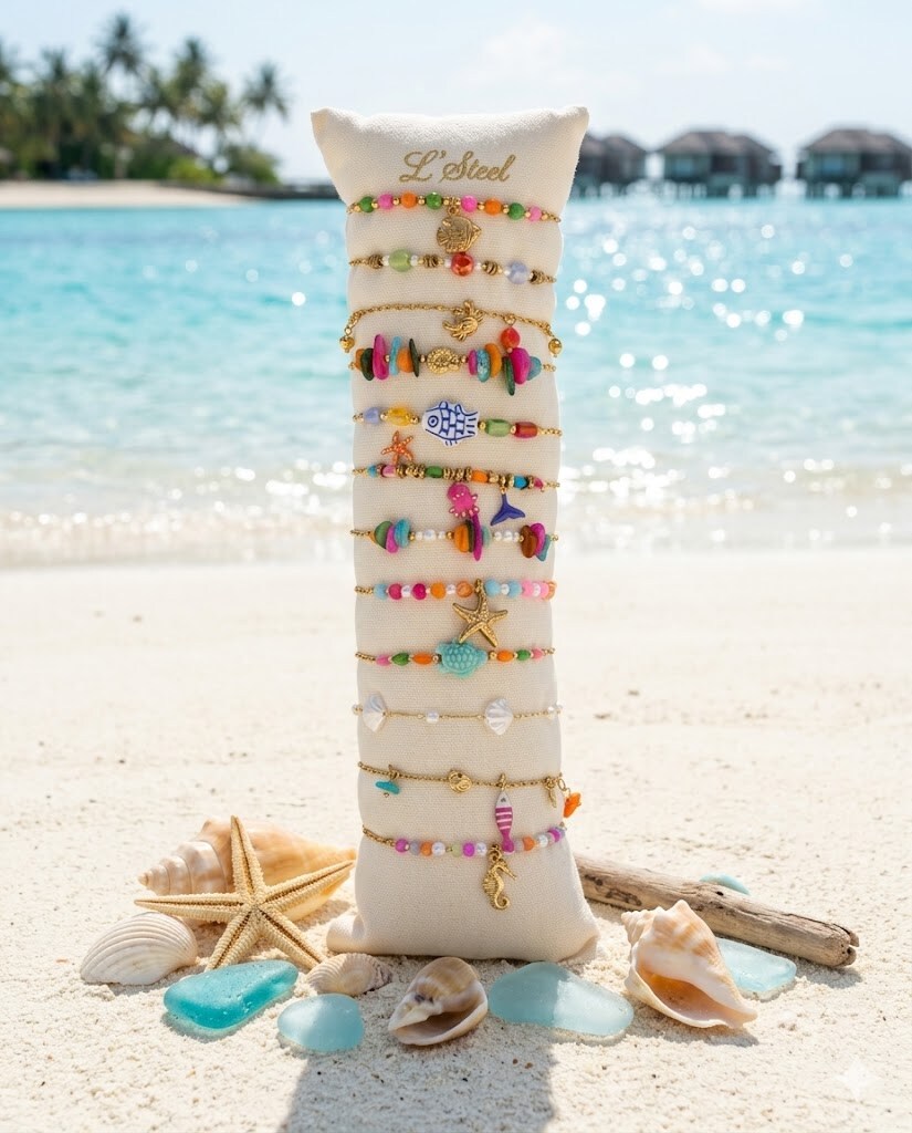 Grossiste Bellissima - Lot de 12 Bracelets Marins Multicolores en Acier Inoxydable – Présentoir Offert