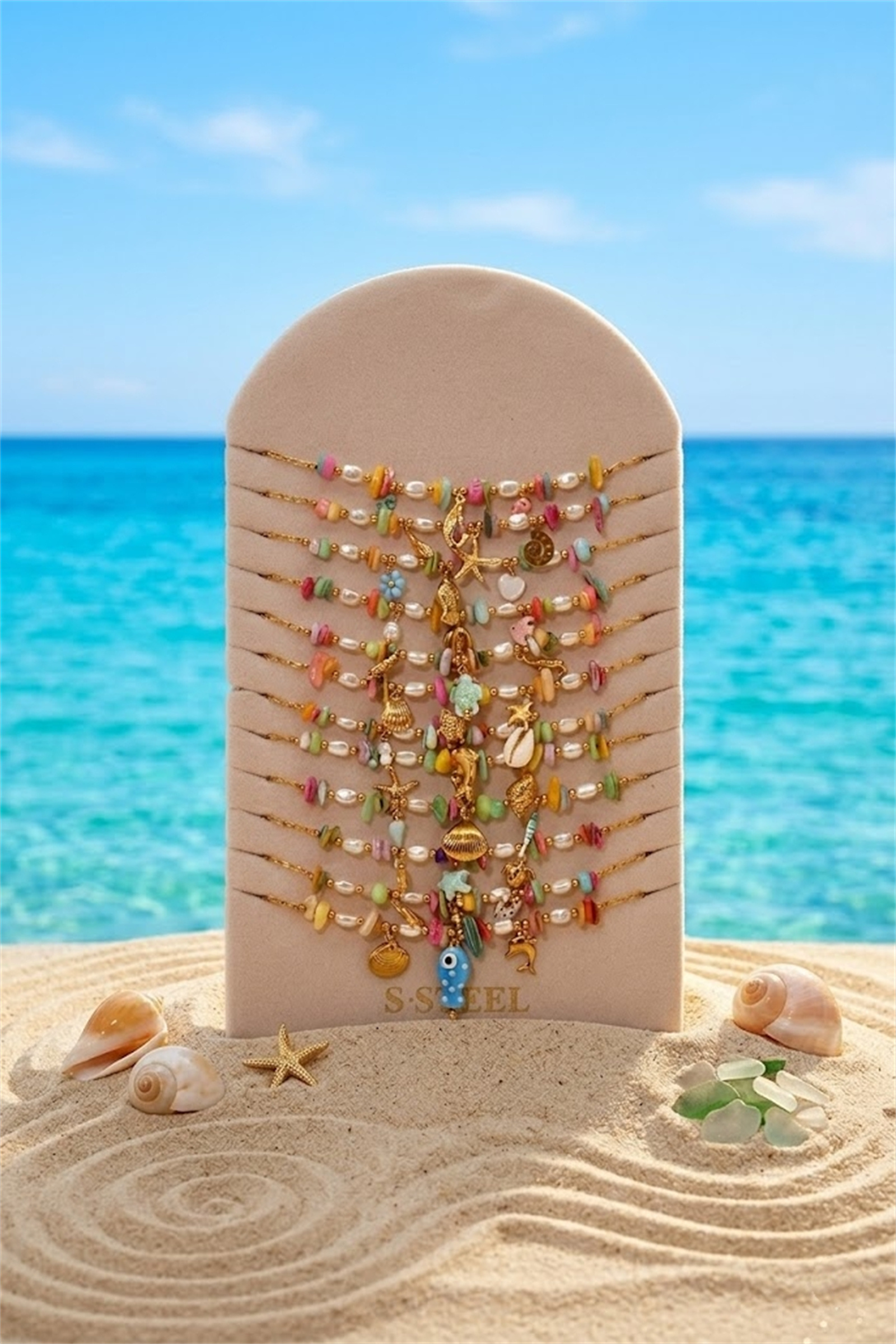 Mayorista Bellissima - Lote de 12 Collares Temática Marina Multicolor en Acero Inoxidable – Modelos Surtidos + Expositor Gratis