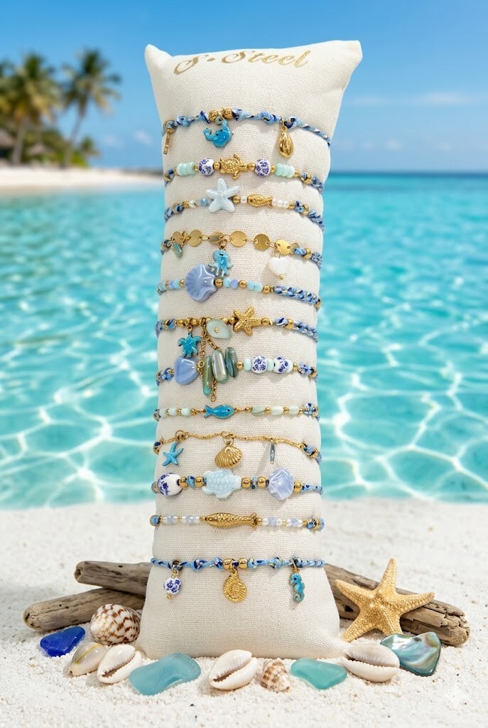 Grossiste Bellissima - Lot de 12 Bracelets Marins Bleus Assortis en Acier Inoxydable – Présentoir Offert