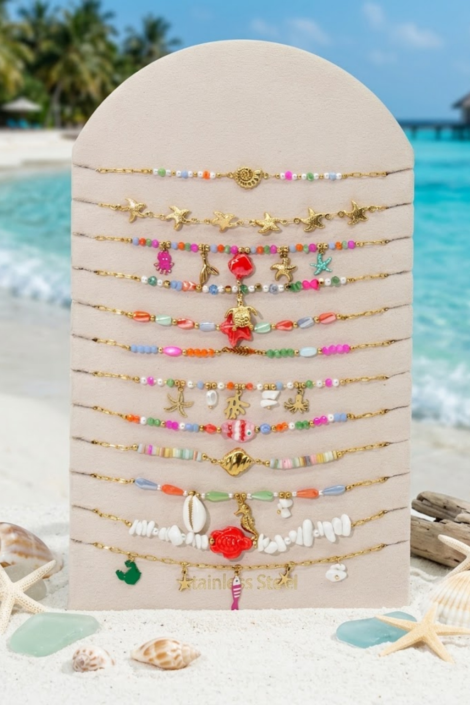Grossiste Bellissima - Lot de 12 Colliers Marin Multicolores en Acier Inoxydable – Présentoir Offert
