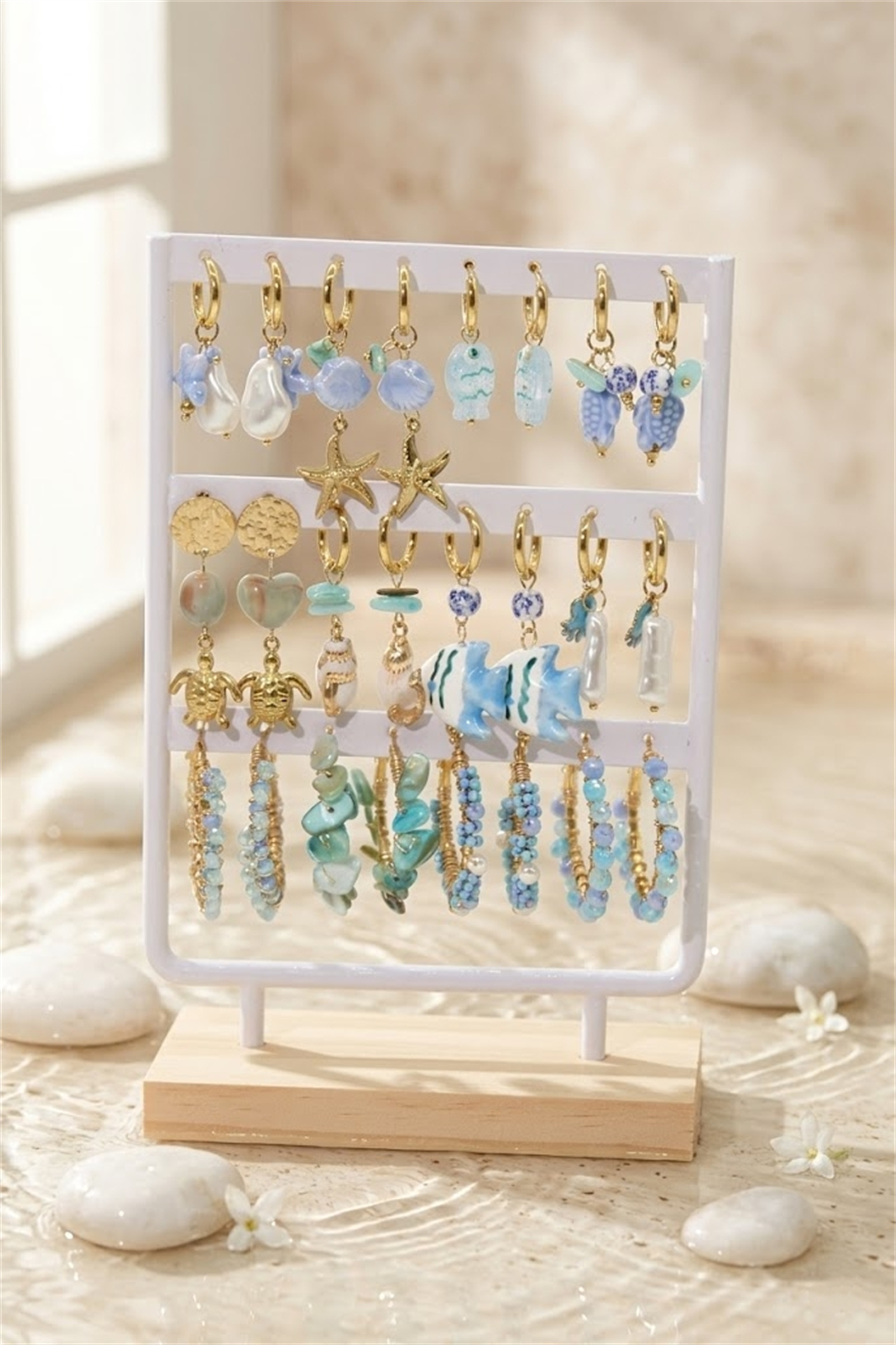 Mayorista Bellissima - Juego de 12 Pendientes Azules de Tema Marino de Acero Inoxidable – Modelos Variados y Soporte de Exhibición Gratis