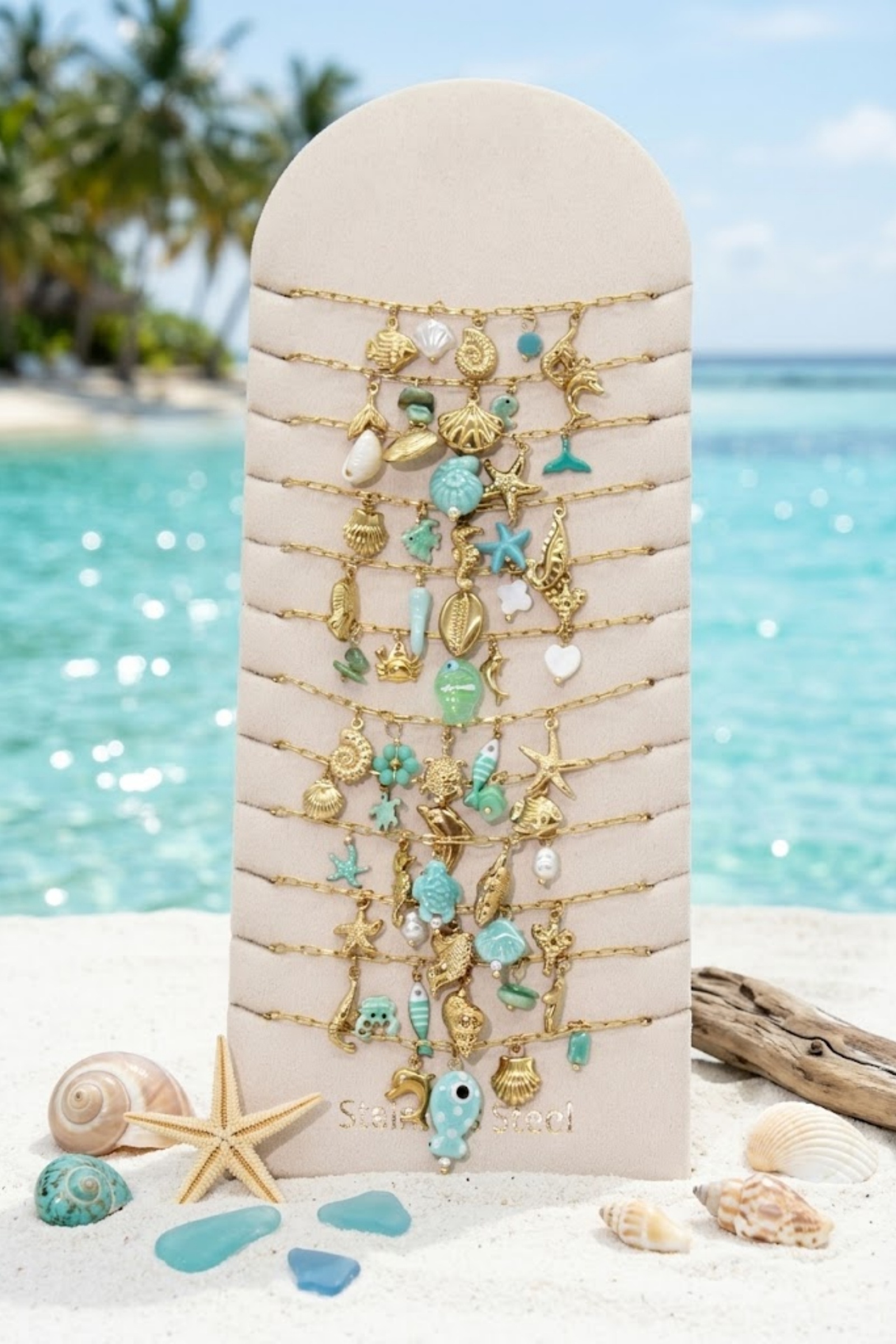Großhändler Bellissima - Set aus 12 Celadon-Marine-Themen-Armbändern aus Edelstahl – Präsentationsständer Inklusive