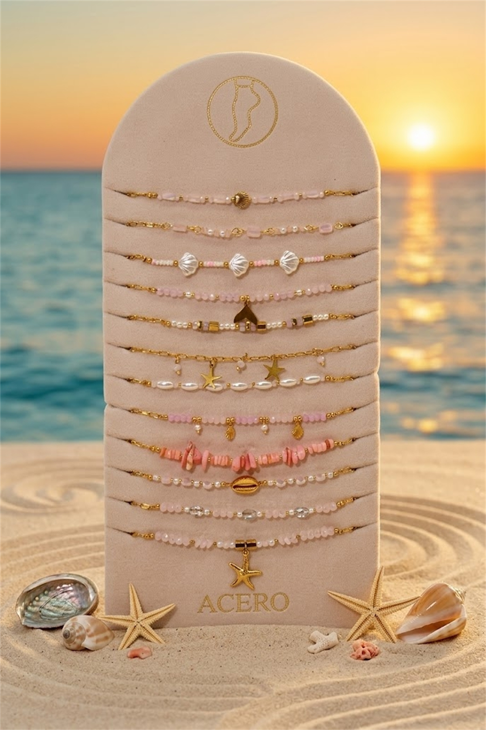 Mayorista Bellissima - Lote de 12 Cadenas de Tobillo Tema Marino Rosa Acero Inoxidable – Modelos Surtidos + Expositor Gratis
