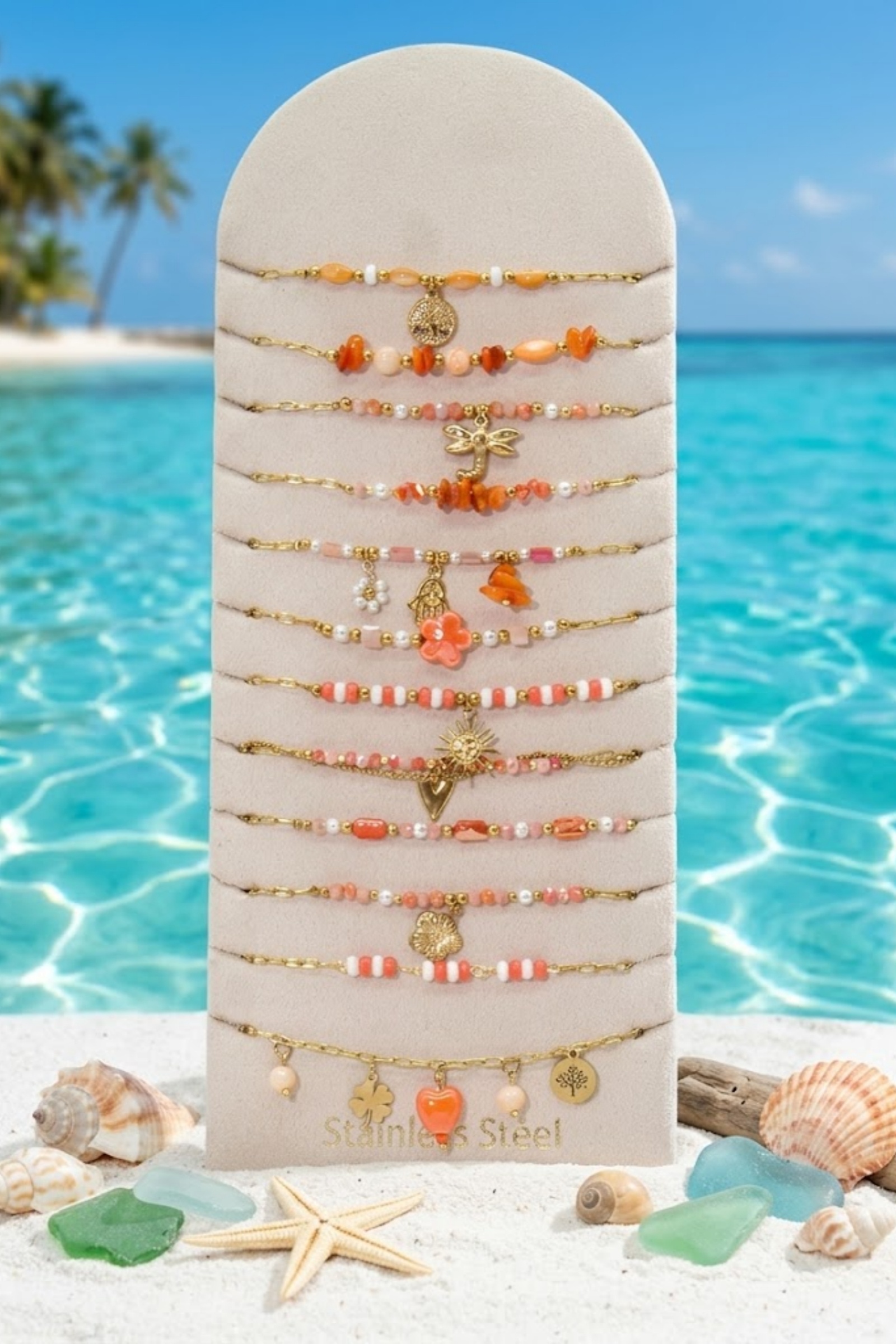 Mayorista Bellissima - Lote de 12 Pulseras Naranja de Acero Inoxidable Dorado – Modelos Surtidos con Soporte de Exhibición Gratis