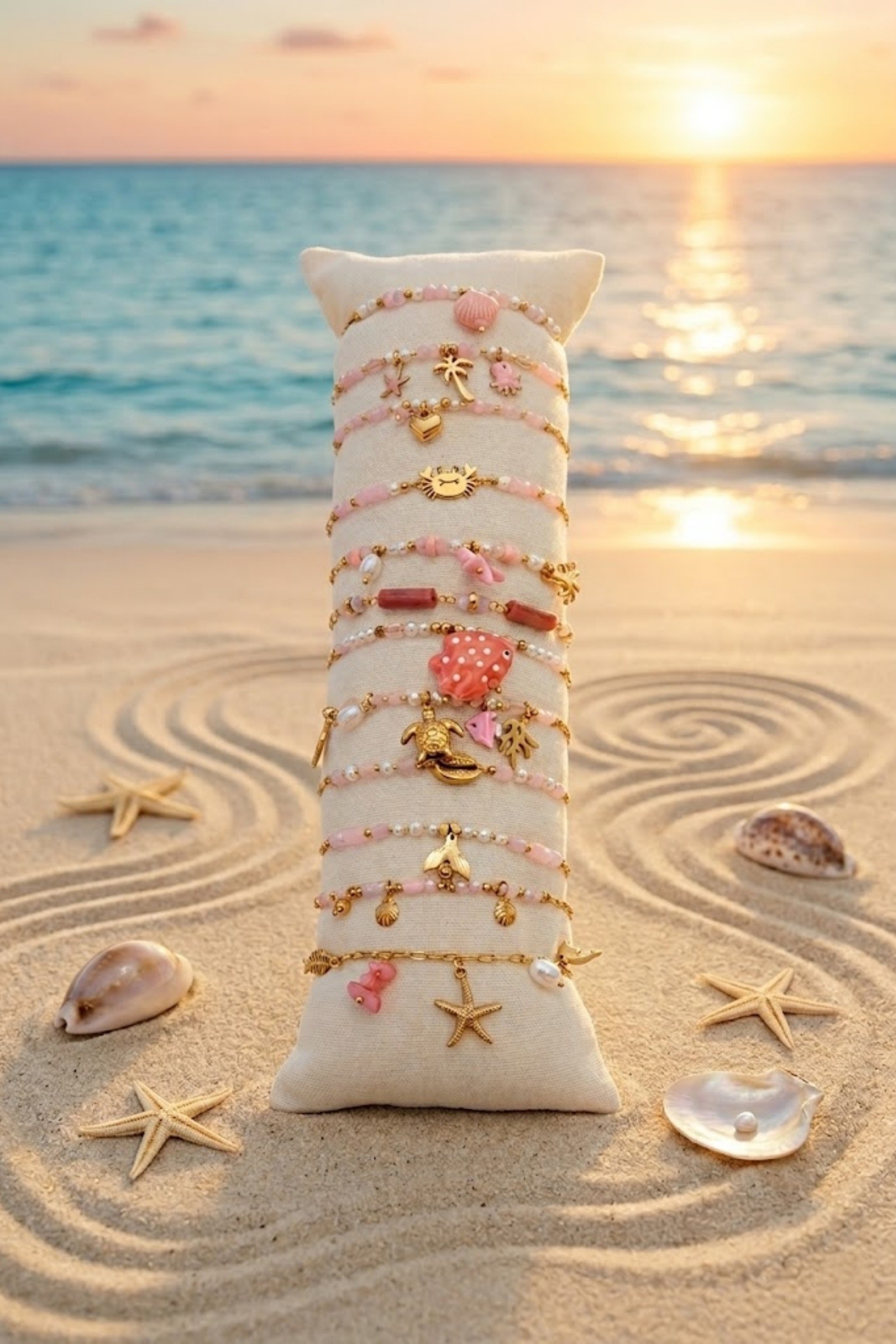 Mayorista Bellissima - Lote de 12 Pulseras Temática Marina Rosa en Acero Inoxidable – Modelos Surtidos + Expositor Gratis