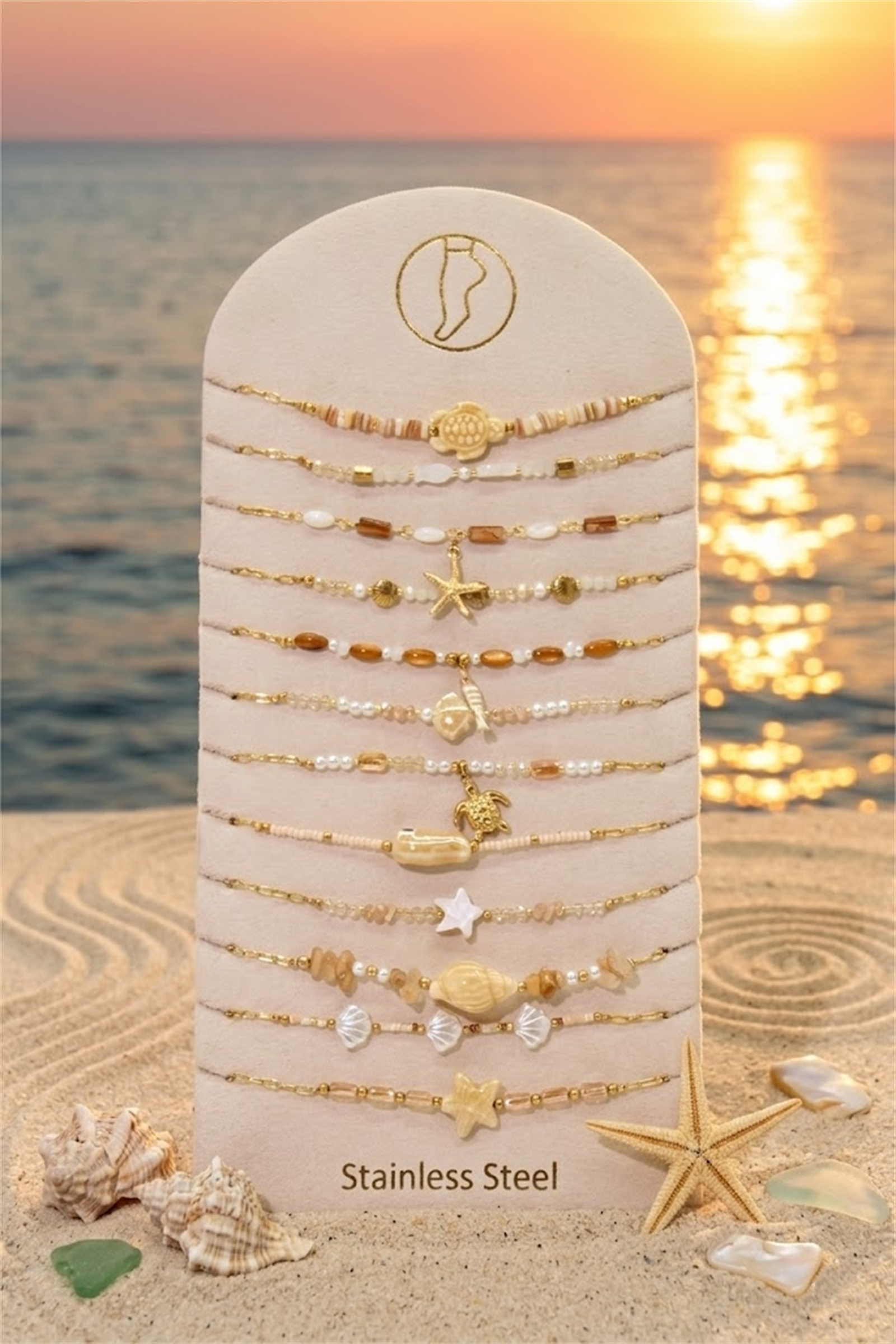 Mayorista Bellissima - Juego de 12 Cadenas de Tobillo Tema Marino Beige Acero Inoxidable – Modelos Variados + Expositor Gratis