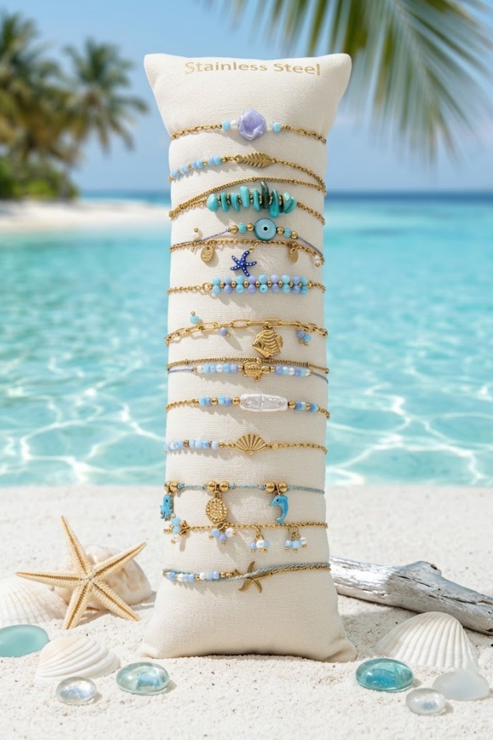 Mayorista Bellissima - Lote de 12 Pulseras Temática Marina Azul en Acero Inoxidable – Expositor Incluido