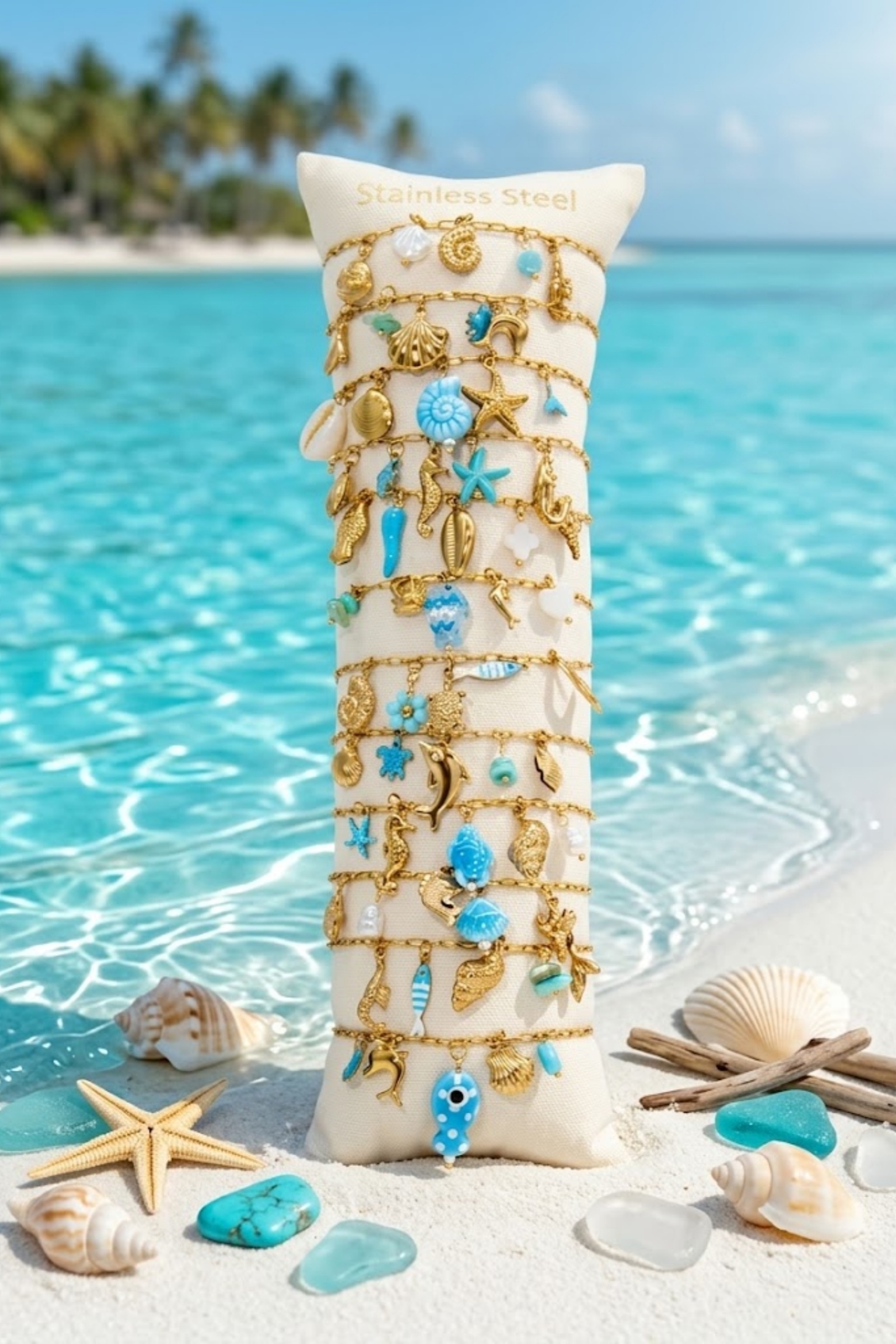 Grossiste Bellissima - Lot de 12 Bracelets Marins Turquoise en Acier Inoxydable – Présentoir Offert
