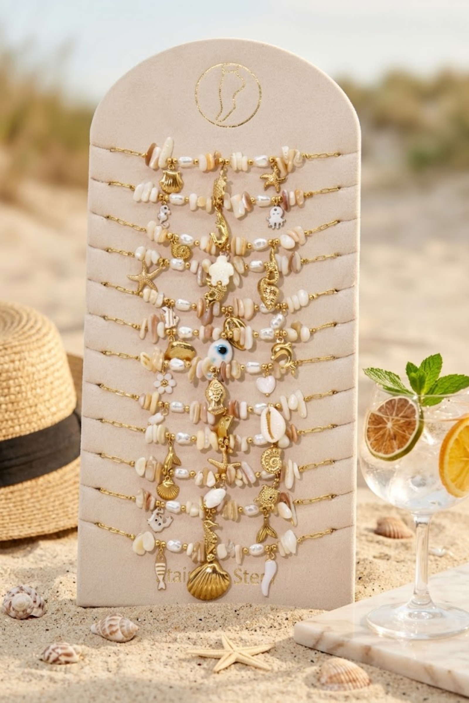 Grossiste Bellissima - Lot de 12 Chaînes de Cheville Marines Écru en Acier Inoxydable – Présentoir Offert