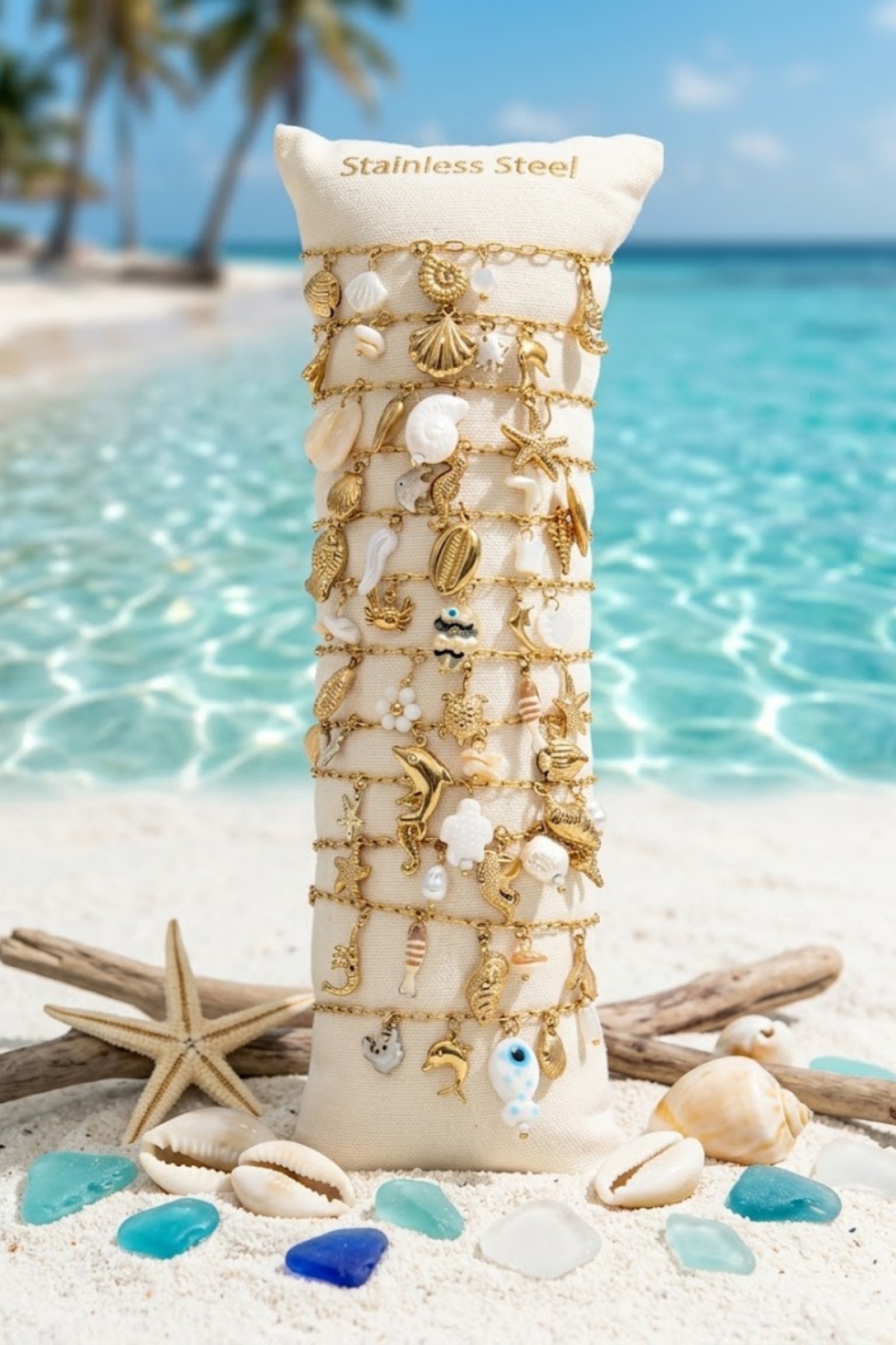 Grossiste Bellissima - Lot de 12 Bracelets Marins Écru en Acier Inoxydable – Présentoir Offert