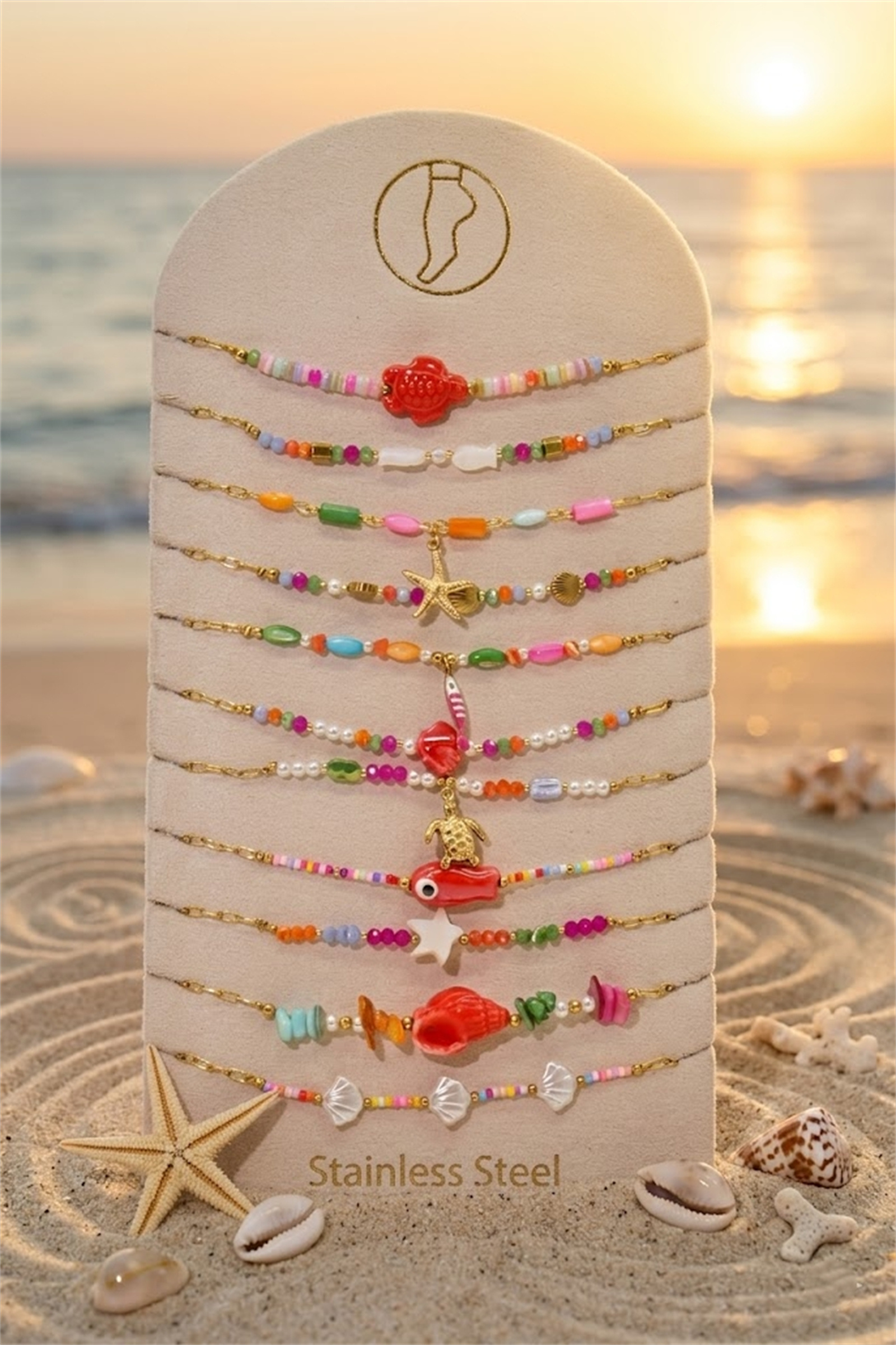 Mayorista Bellissima - Lote de 12 Cadenas de Tobillo Temática Marina Multicolor Acero Inoxidable – Modelos Surtidos + Expositor Gratis