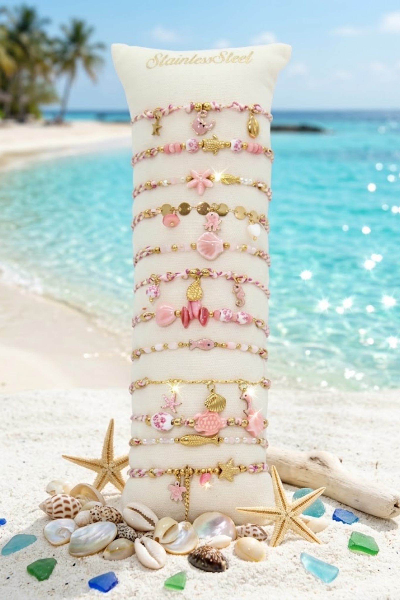 Grossiste Bellissima - Lot de 12 Bracelets Marins Rose Assortis en Acier Inoxydable – Présentoir Offert
