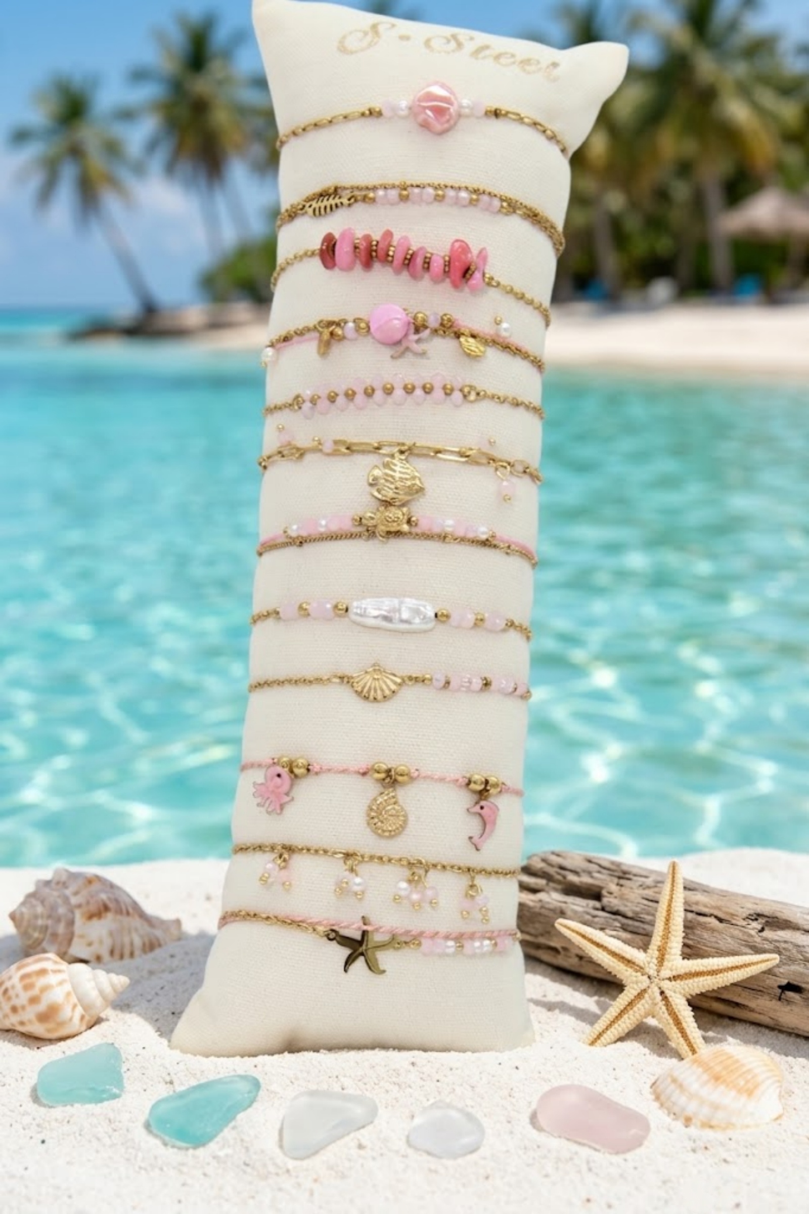 Grossiste Bellissima - Lot de 12 Bracelets Thème Marin Rose en Acier Inoxydable – Présentoir Offert