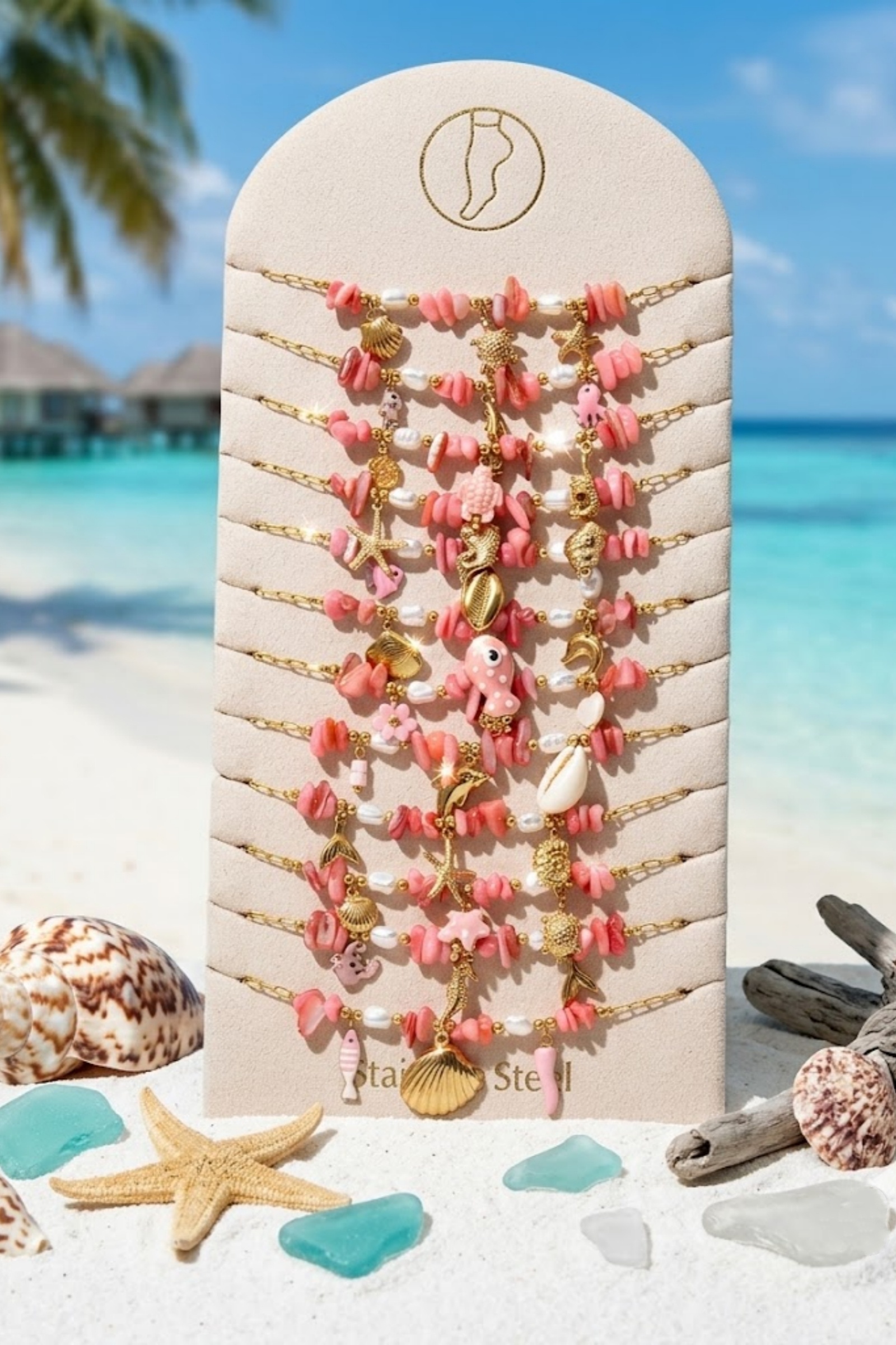 Mayorista Bellissima - Juego de 12 Cadenas de Tobillo Marinas Rosa Coral en Acero Inoxidable – Expositor Incluido