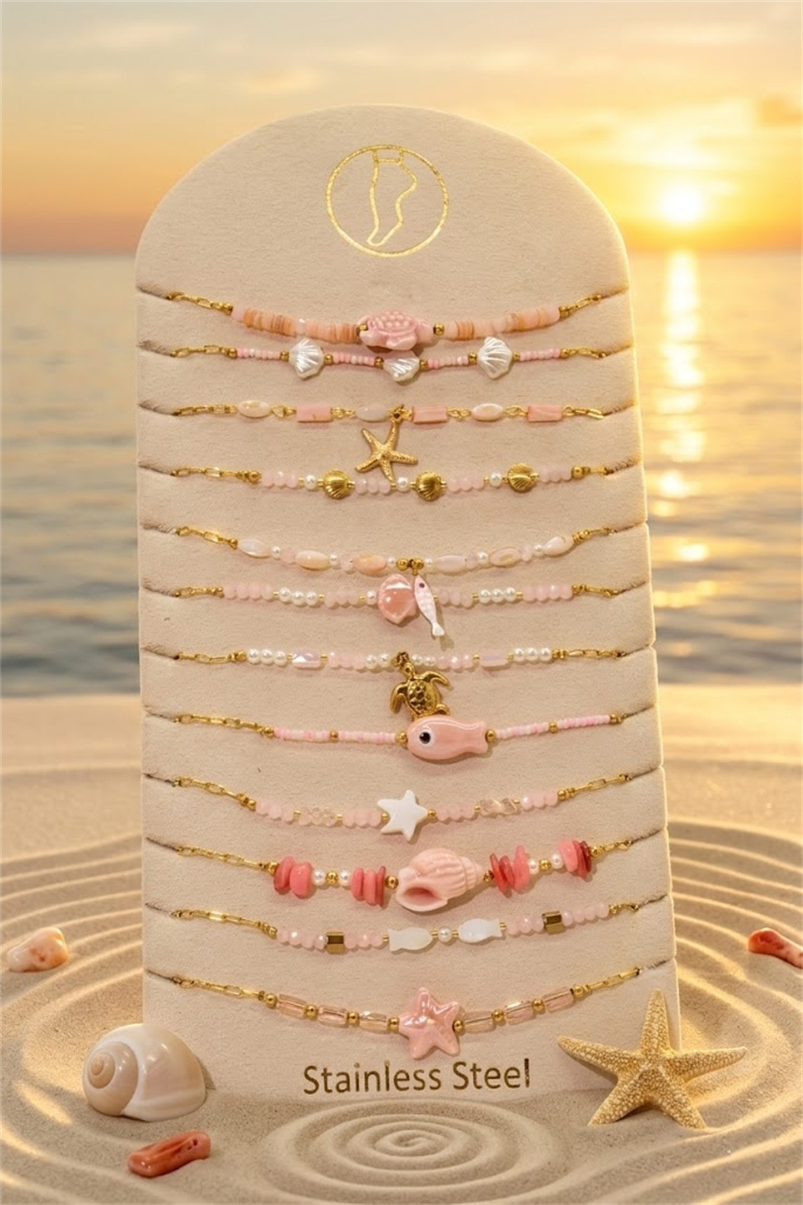 Mayorista Bellissima - Juego de 12 Cadenas de Tobillo Temática Marina Rosa Acero Inoxidable – Modelos Variados + Soporte de Exhibición Gratis