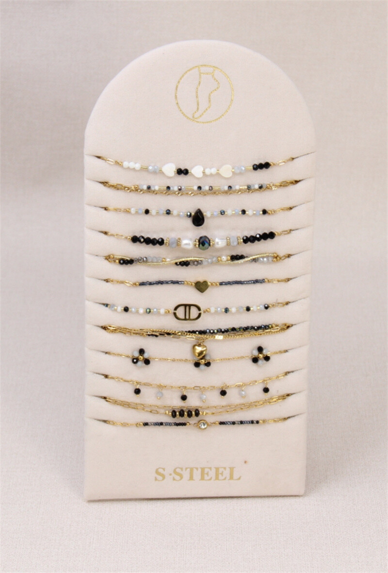 Grossiste Bellissima - Lot de 12 chaînes chevilles PERLE & NACRE en Acier Inoxydable+ Présentoir Offert